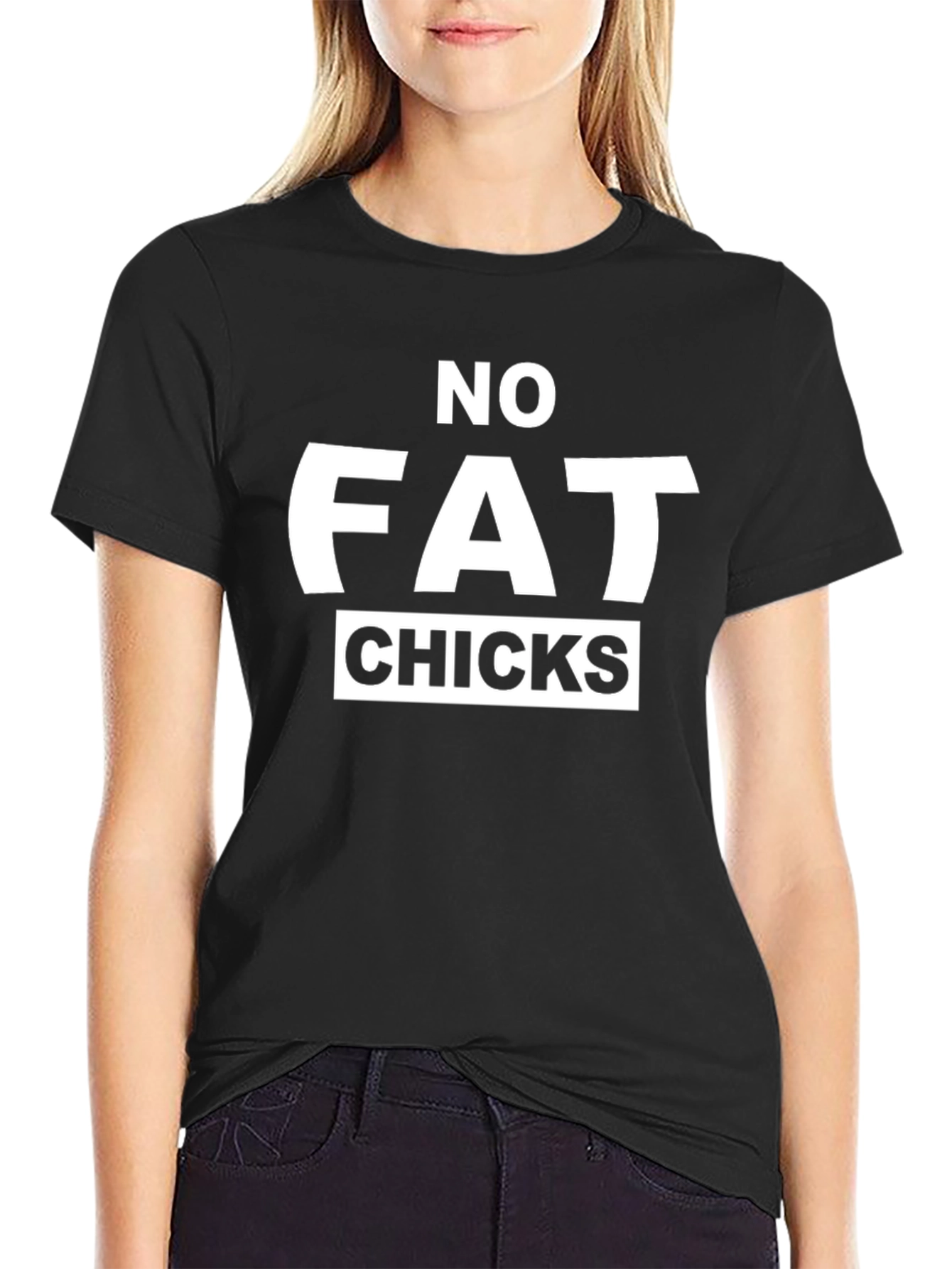 Black Humorous "No Fat Chicks" Graphic T-Shirt view 2
