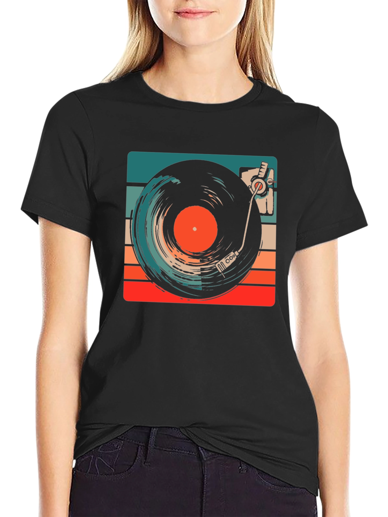 Black Retro Vinyl Record Player Graphic Tee view 2