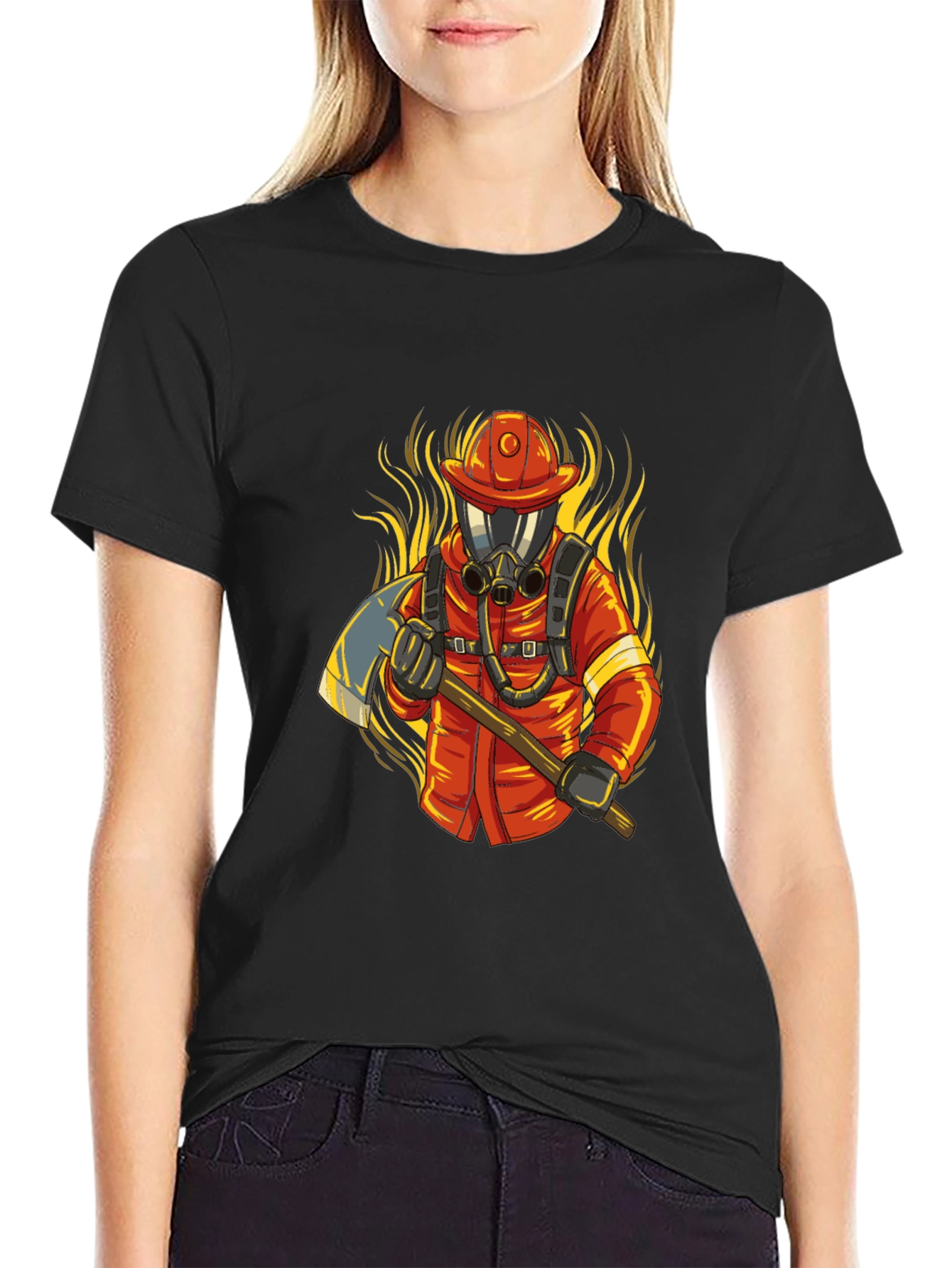 Black Firefighter Graphic Tee - Axe & Flames Design view 2