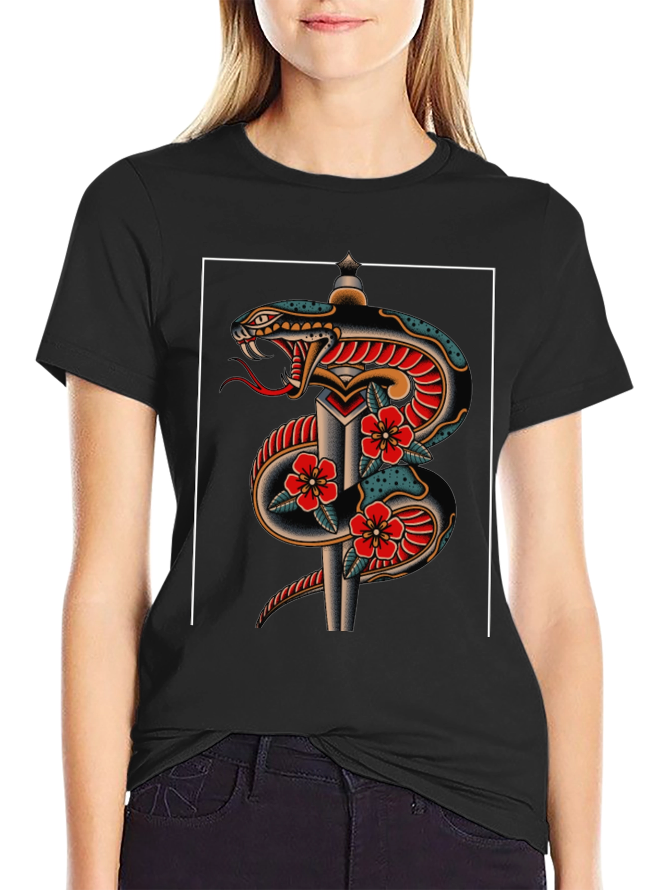 Black Snake & Dagger Graphic Tee - Classic Tattoo Style view 2