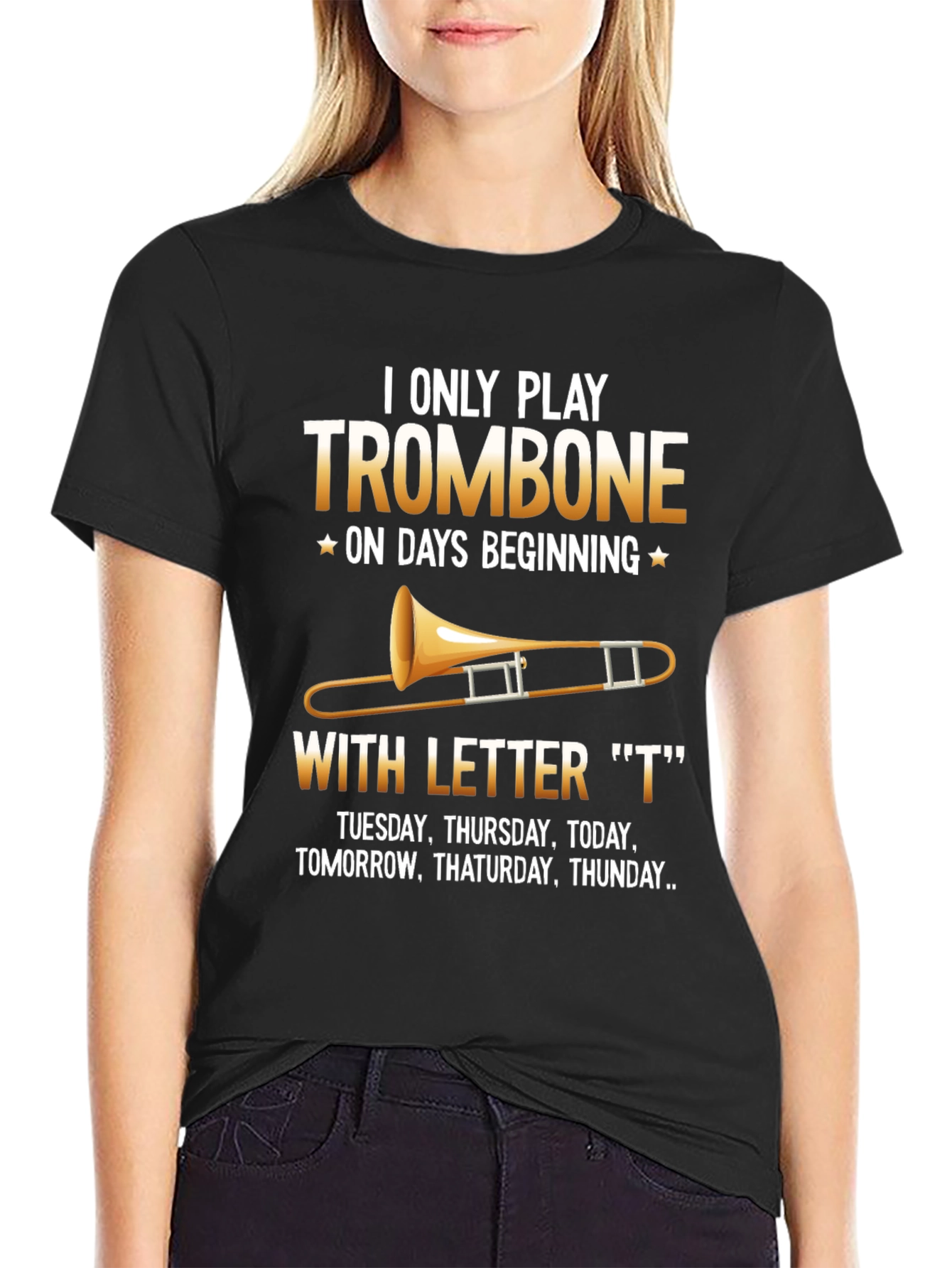Black Funny Trombone Player T-Shirt view 2