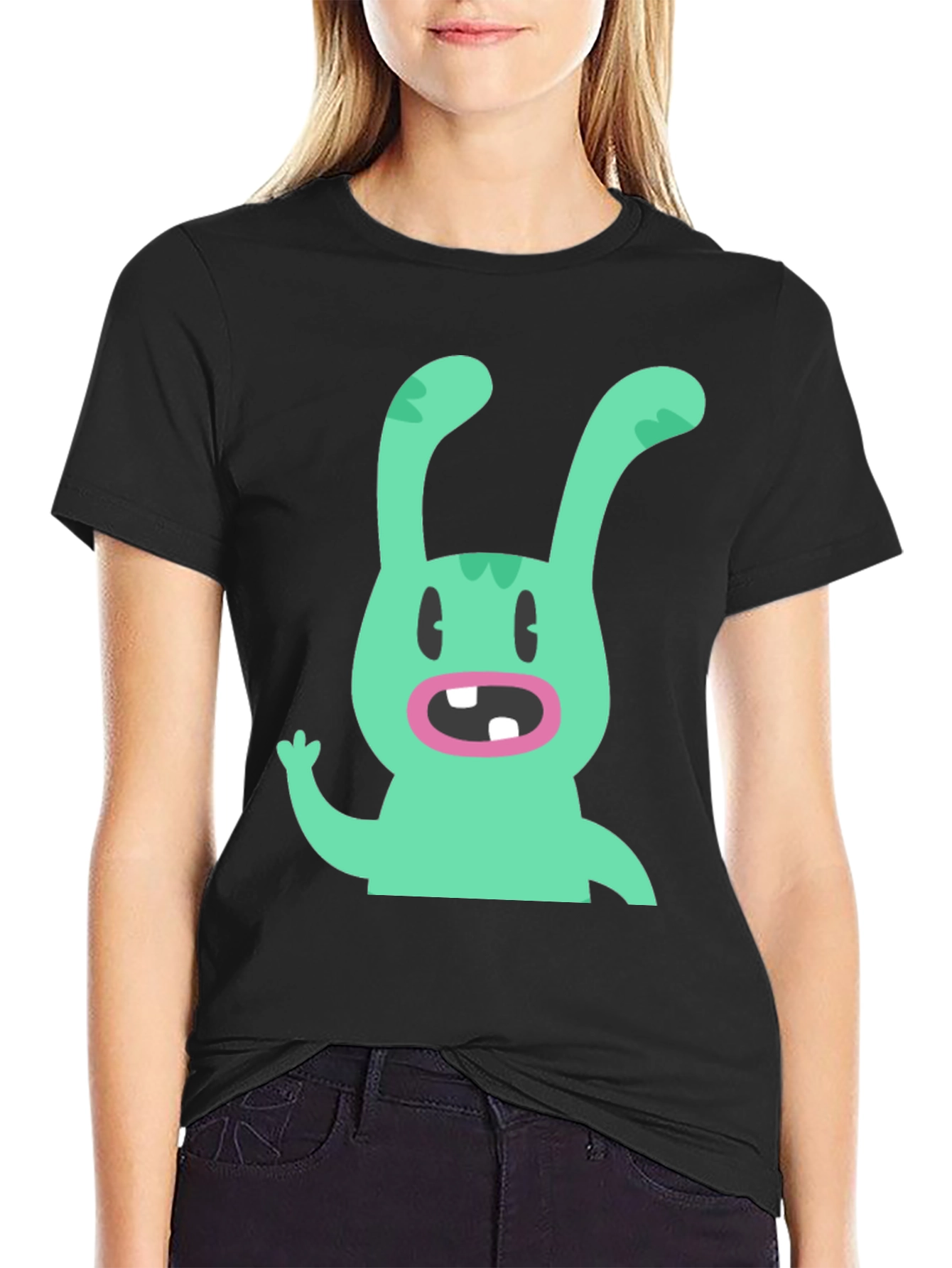 Black Cartoon Rabbit Graphic Tee - Black Cotton T-Shirt view 2