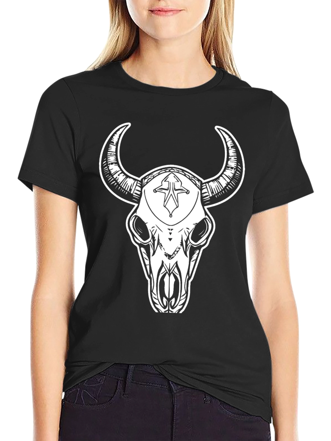 Black Bull Skull Graphic Tee - Black Cotton T-Shirt view 2