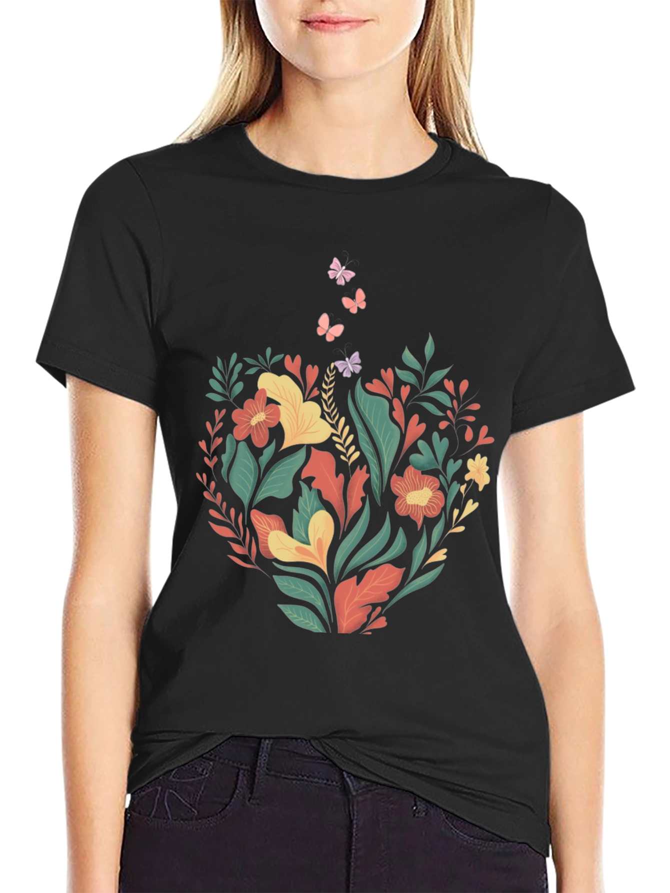 Black Floral Coffee Cup T-Shirt - Nature Lover Tee view 2