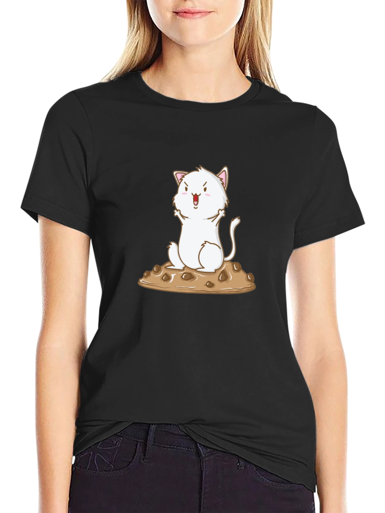 Black Cute Cat on Cookie Graphic T-Shirt view 2