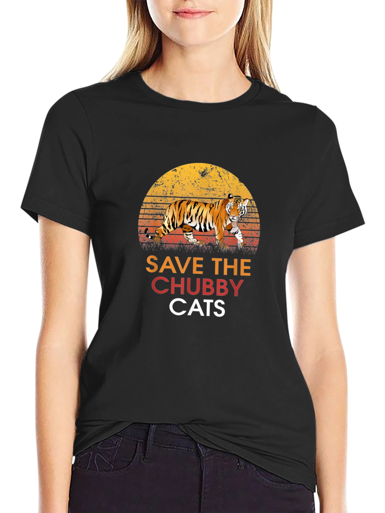Black Save the Chubby Cats T-Shirt Tiger Graphic Tee view 2