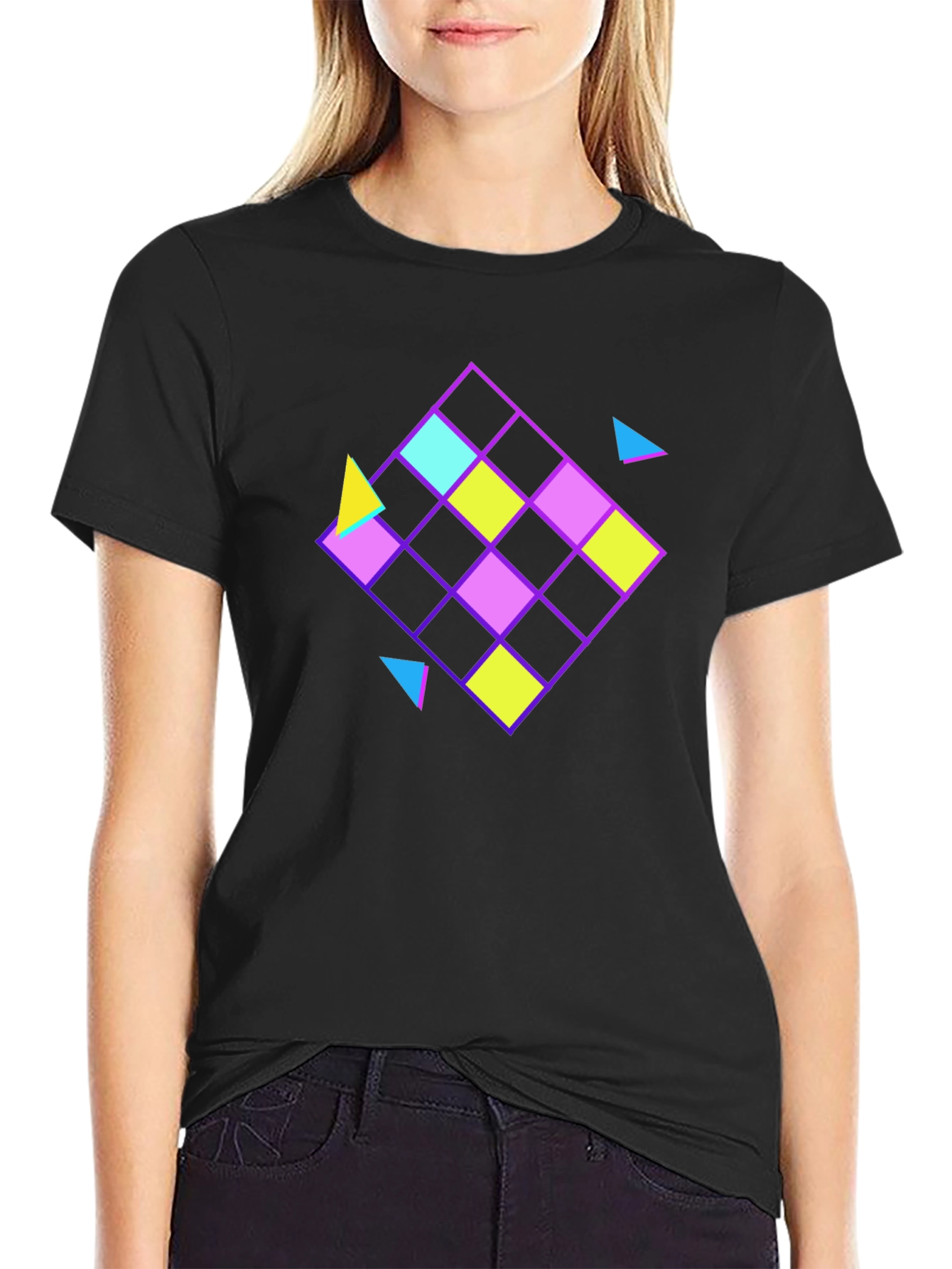 Black Retro Geometric Pattern Black T-Shirt view 2
