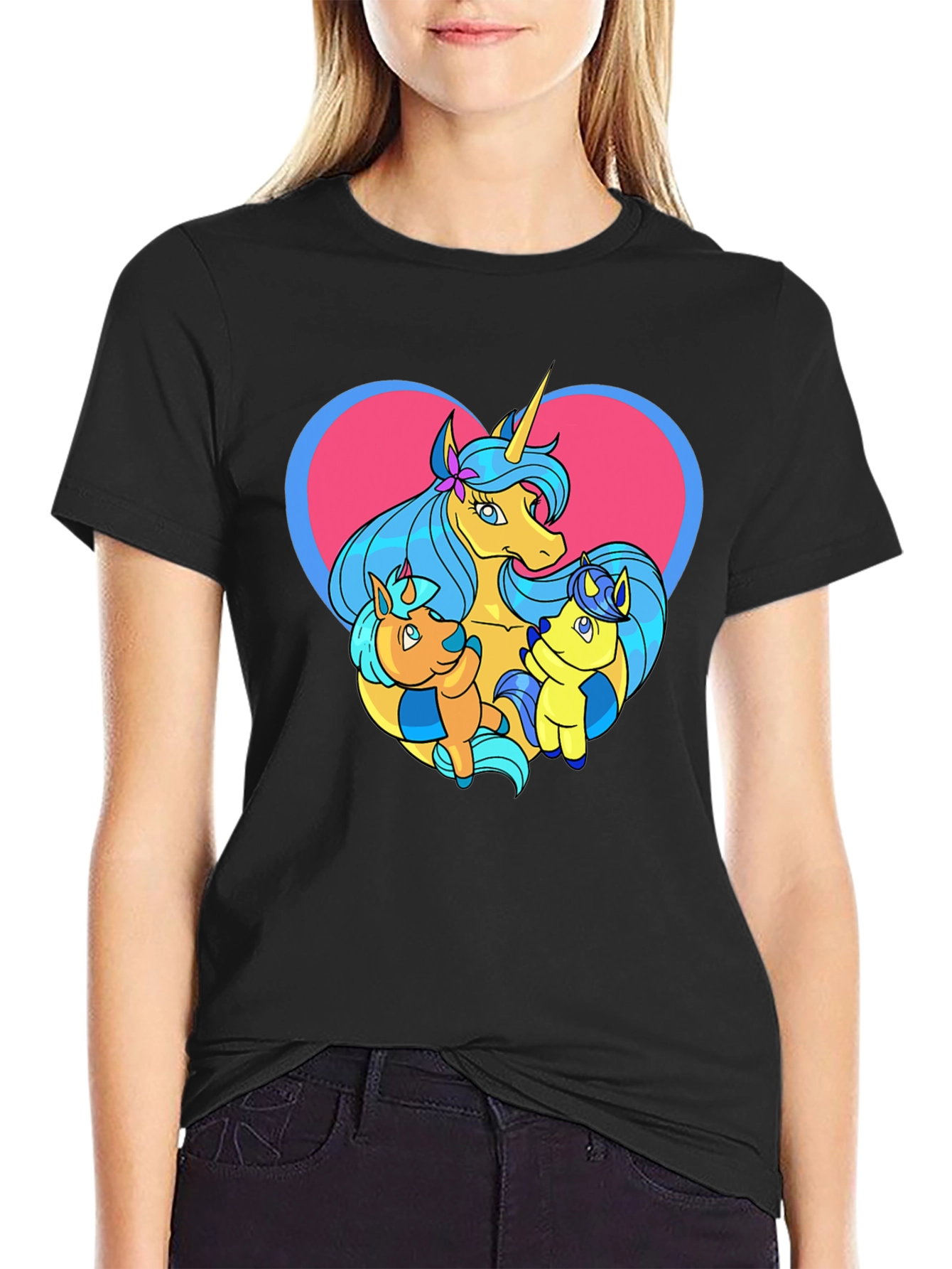 Black Unicorn Family Graphic Tee - Cute Cartoon T-Shirt view 2