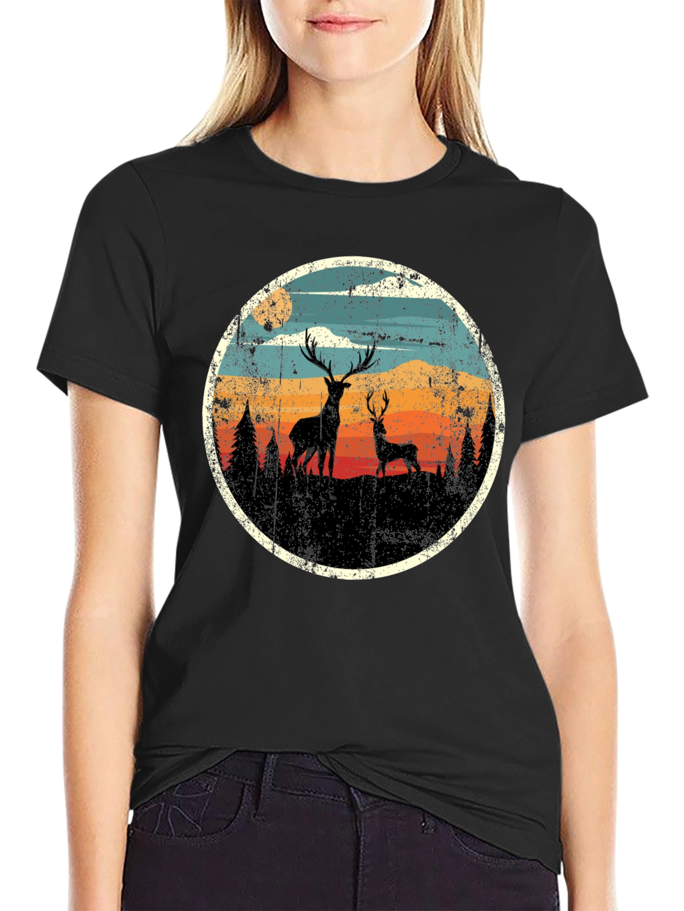 Black Deer Silhouette Graphic Print Black T-Shirt view 2