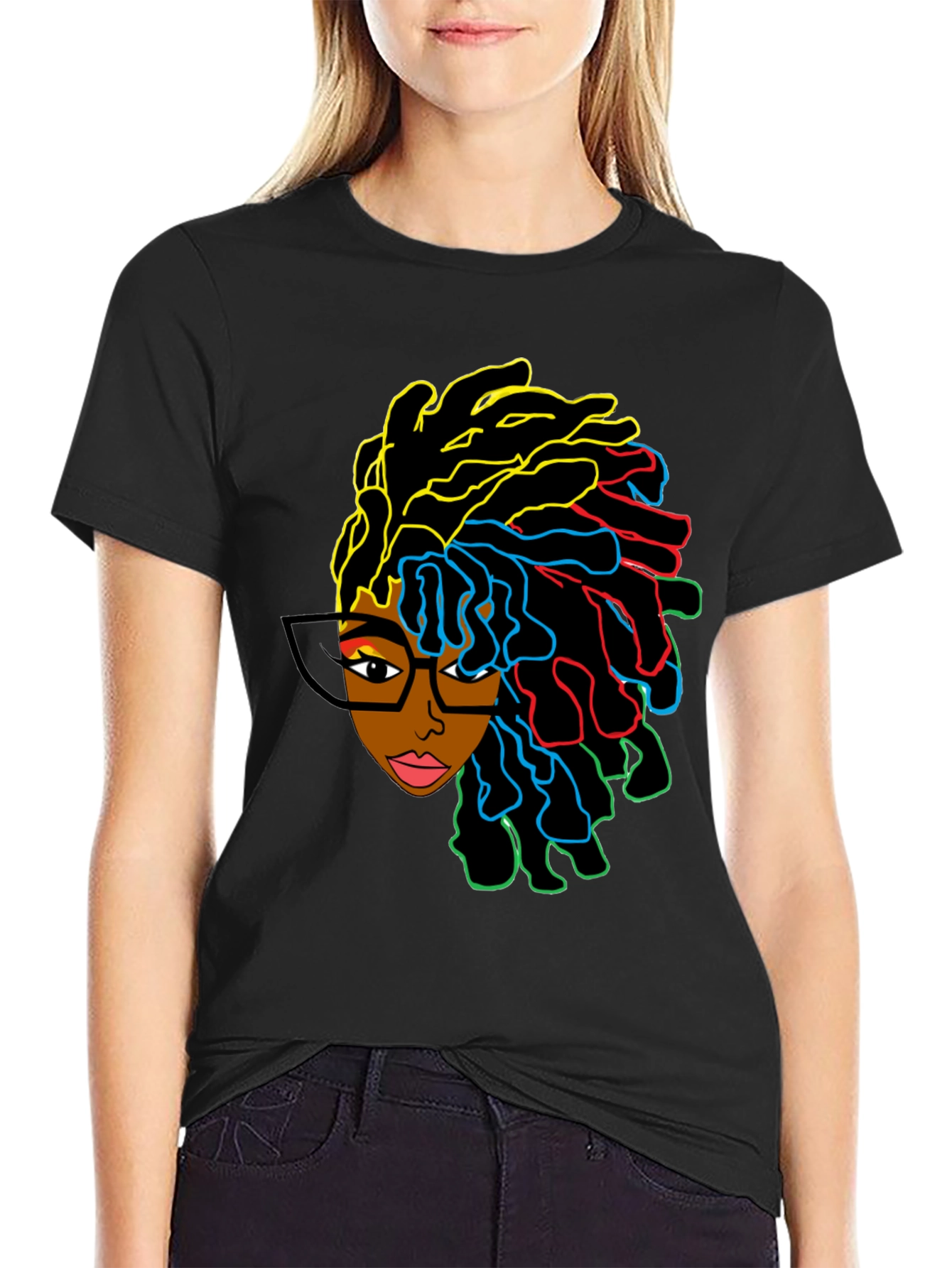 Black Stylish Graphic Tee - Afro Woman with Colorful Dreadlocks view 2