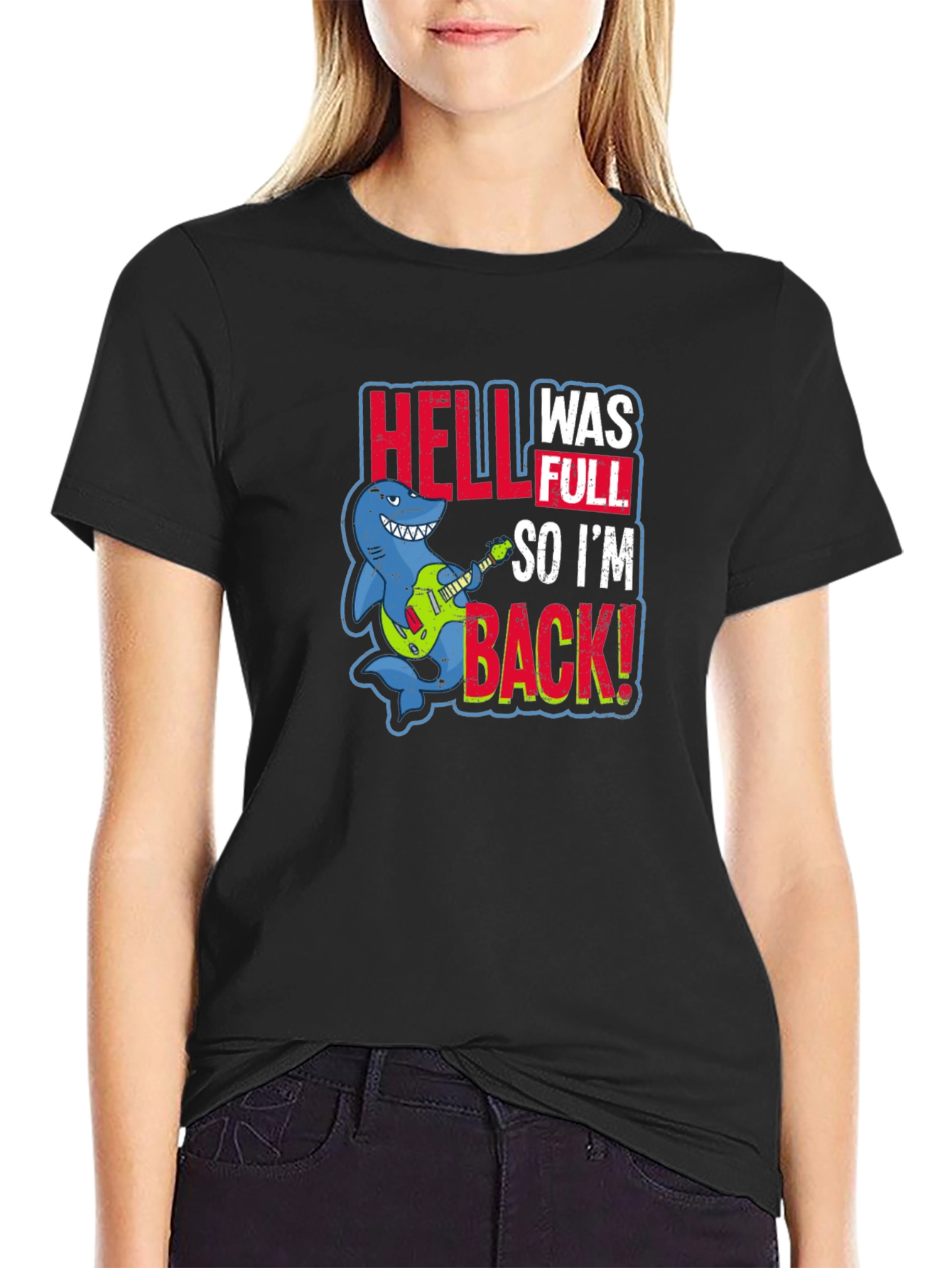 Black Hell Was Full Shark Guitar T-Shirt view 2