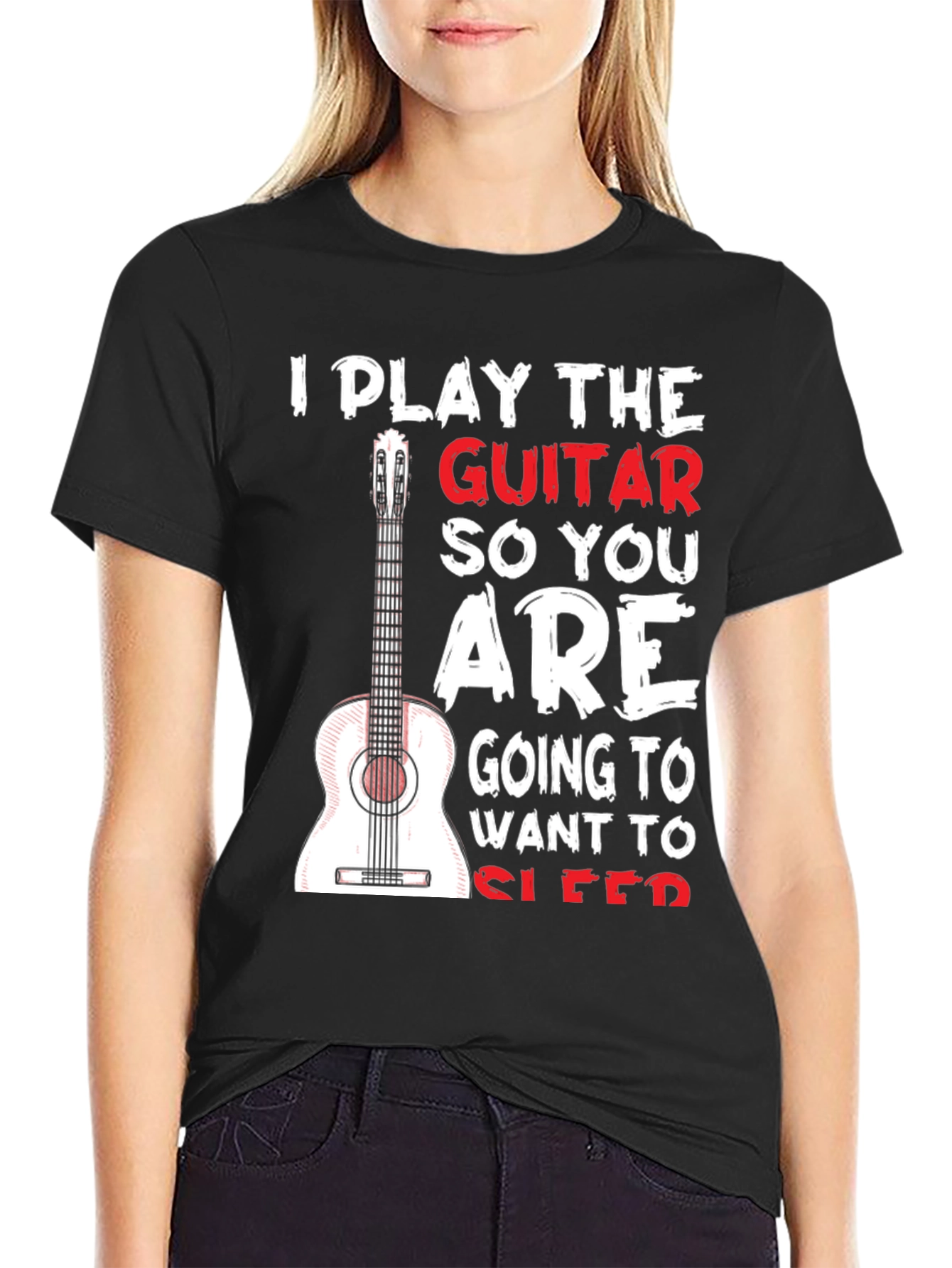 Black Guitar Player T-Shirt - I Play Guitar So You Sleep Funny Tee view 2