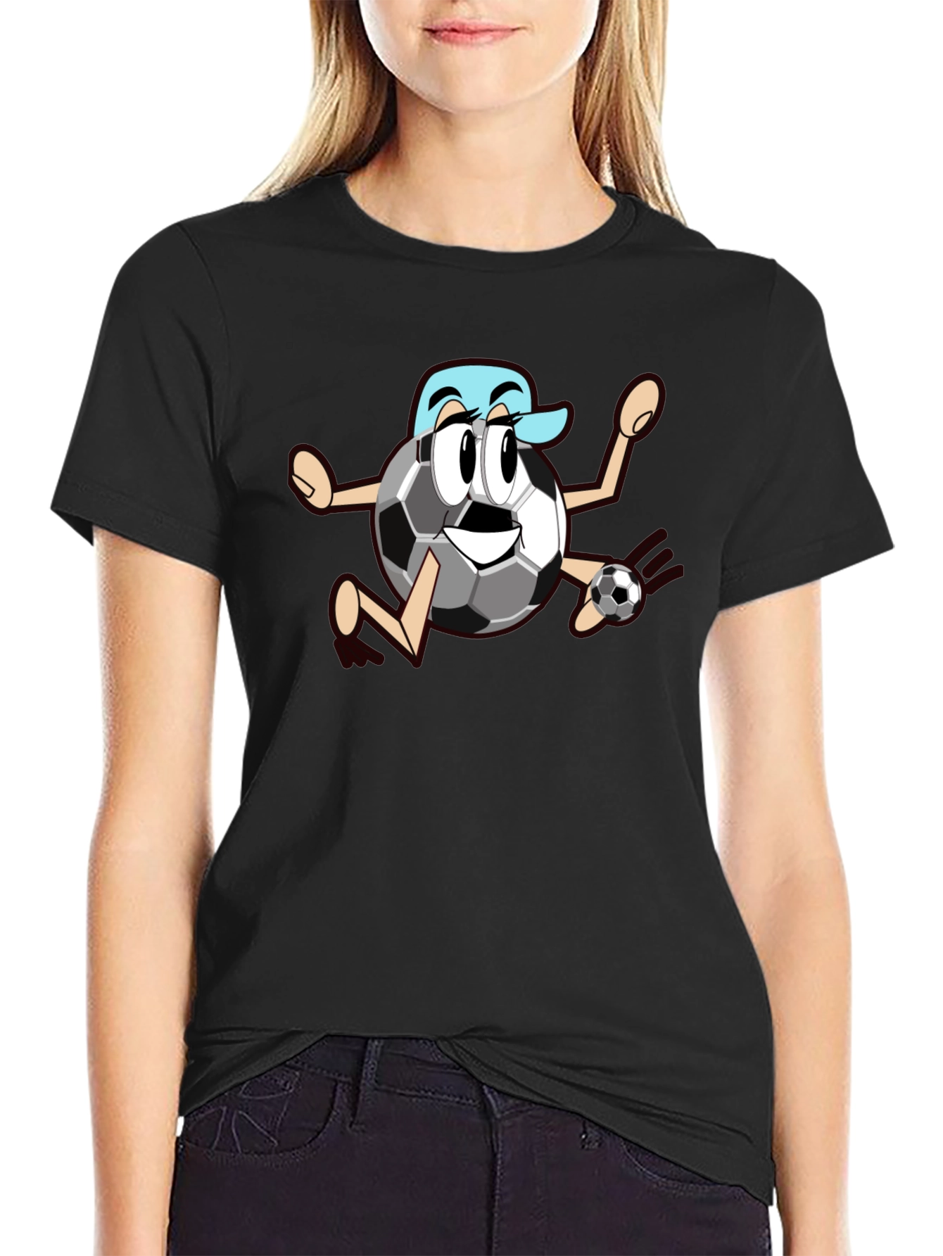 Black Funny Soccer Ball Cartoon Black T-Shirt view 2