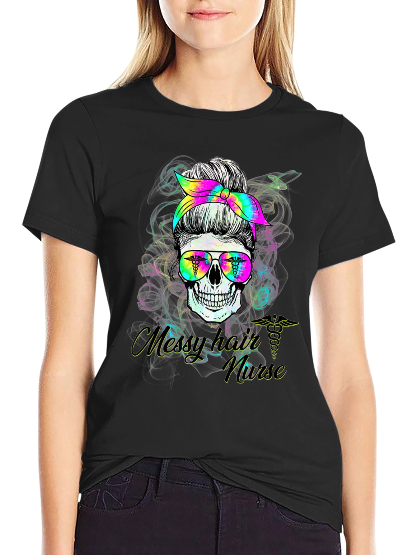 Black Messy Hair Nurse Skull T-Shirt view 2