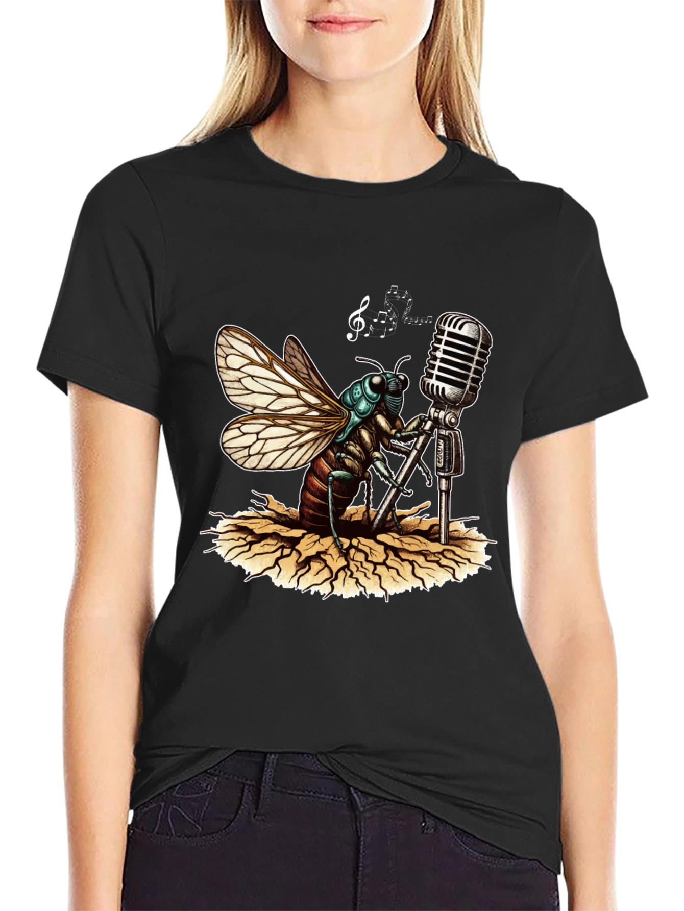 Black Cicada Singer Graphic Tee - Retro Mic view 2