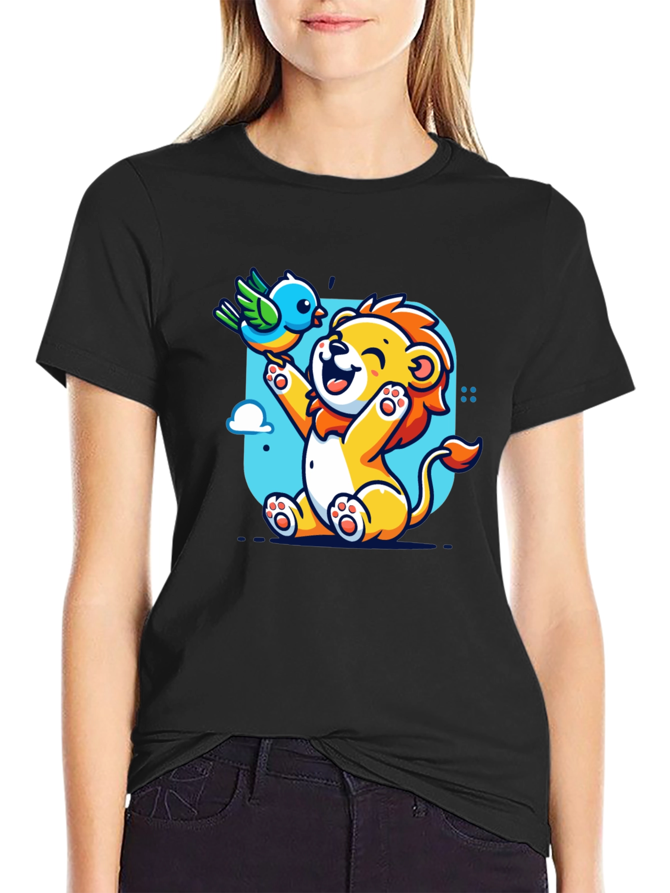 Black Cartoon Lion & Bird Graphic T-Shirt view 2