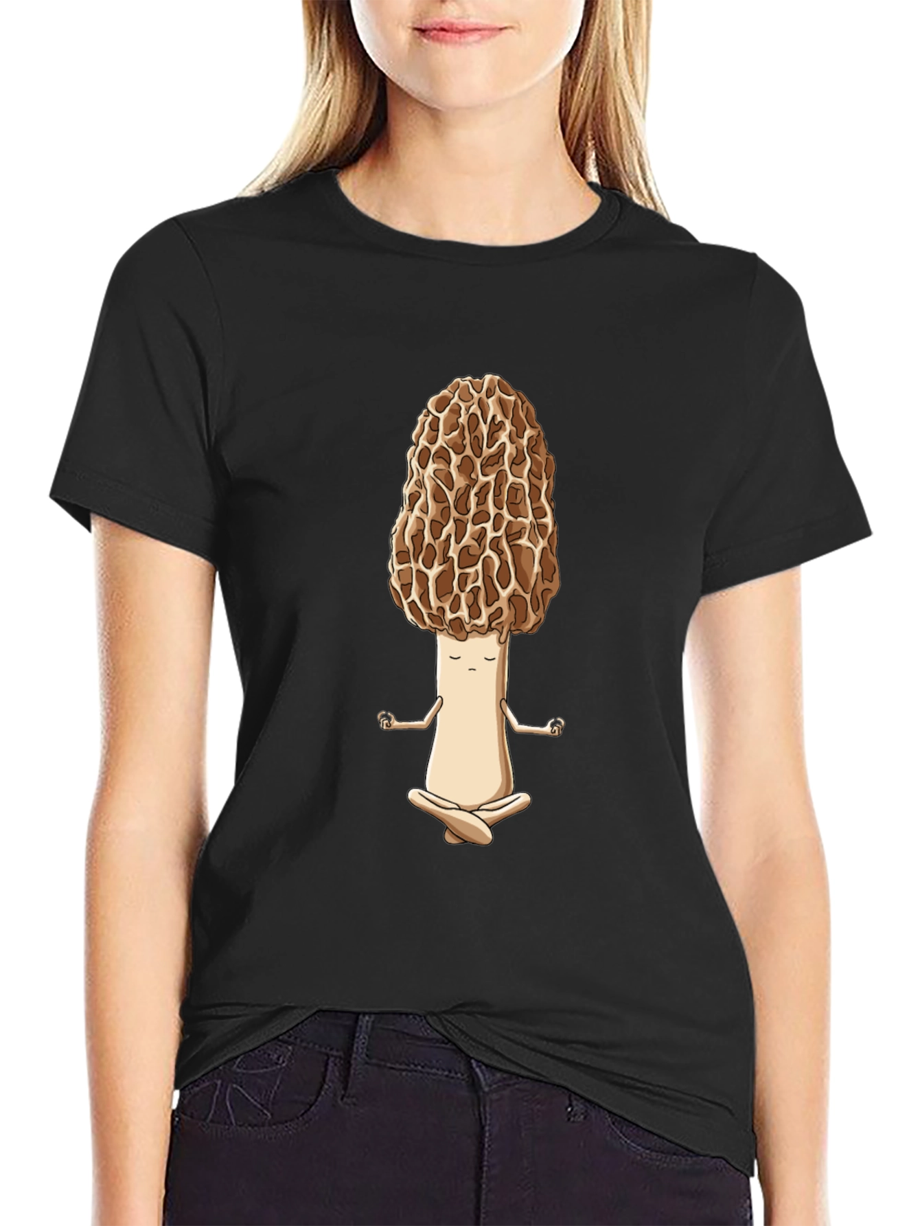 Black Zen Morel Mushroom T-Shirt - Meditating Funny Food Tee view 2