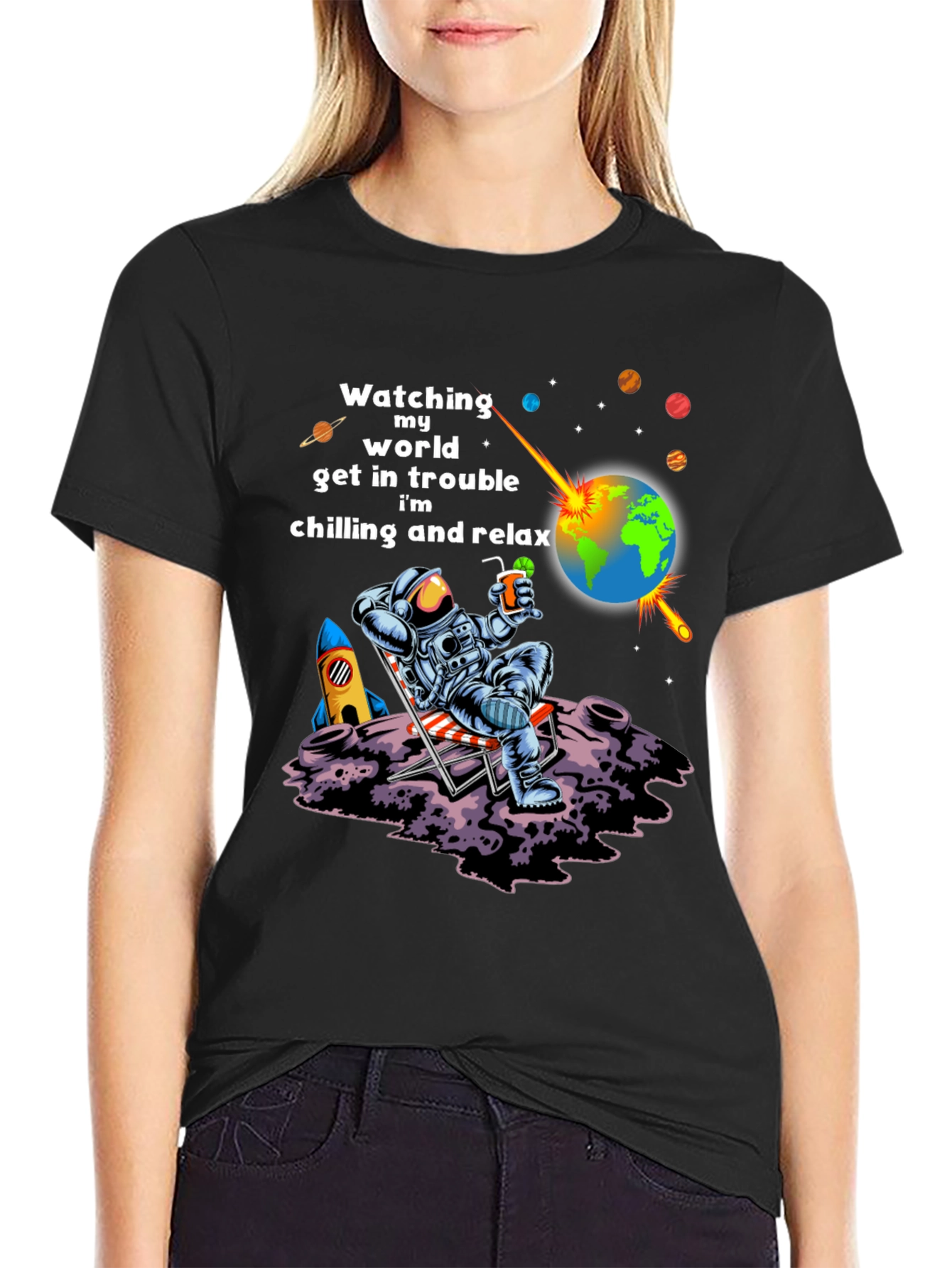 Black Astronaut Chilling T-Shirt view 2