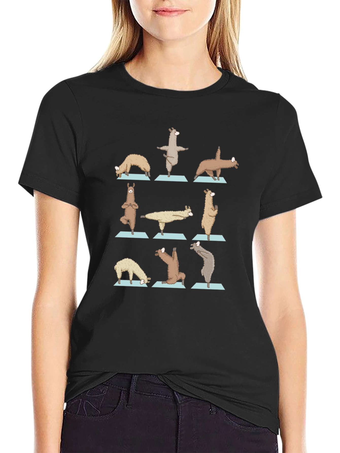 Black Yoga Llama Graphic Tee - Cotton Blend Shirt view 2