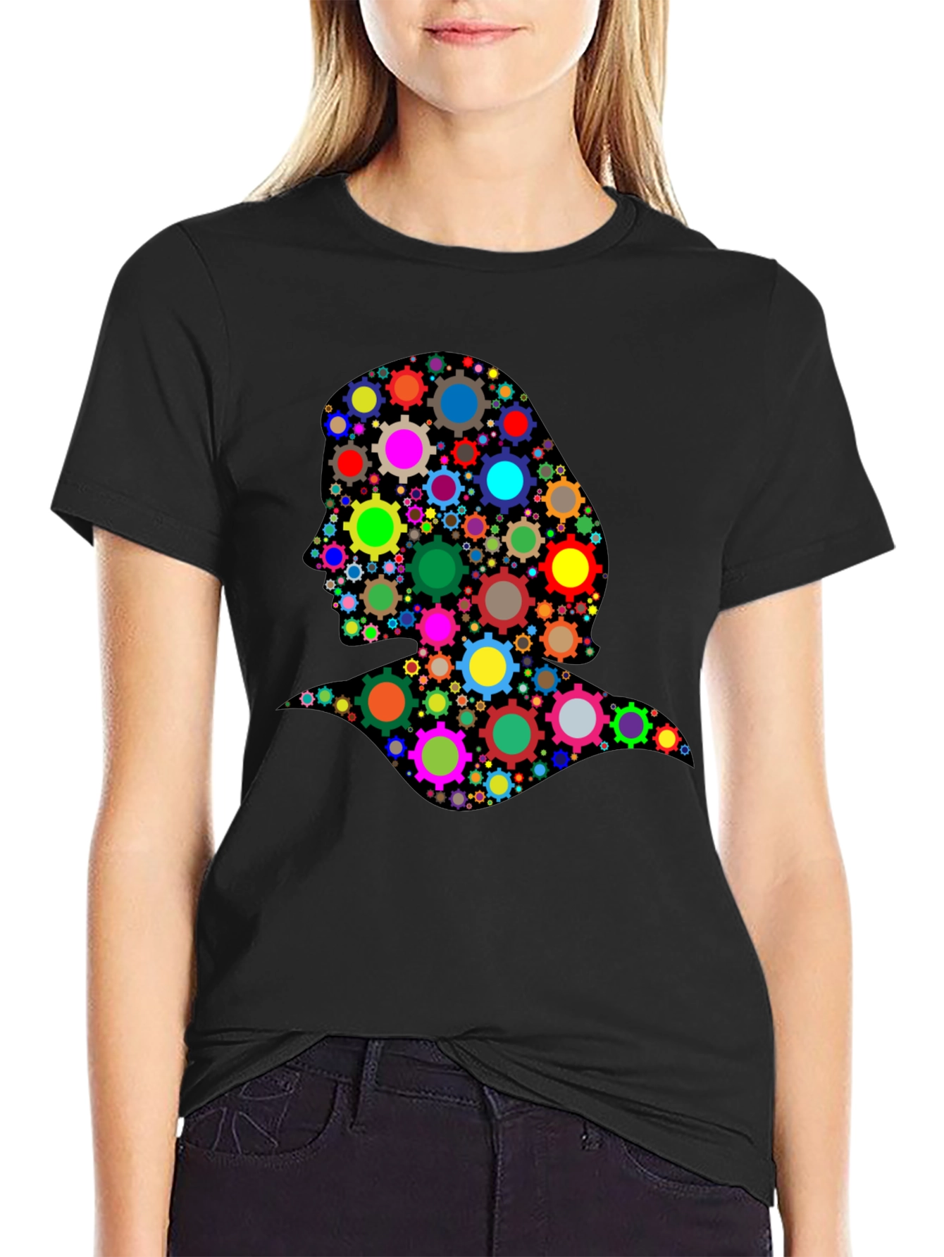 Black Abstract Woman T-Shirt - Colorful Gear Design view 2