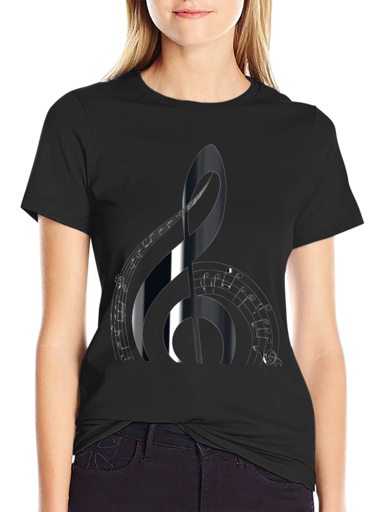 Black Music Lover's Black T-Shirt with Treble Clef Design view 2