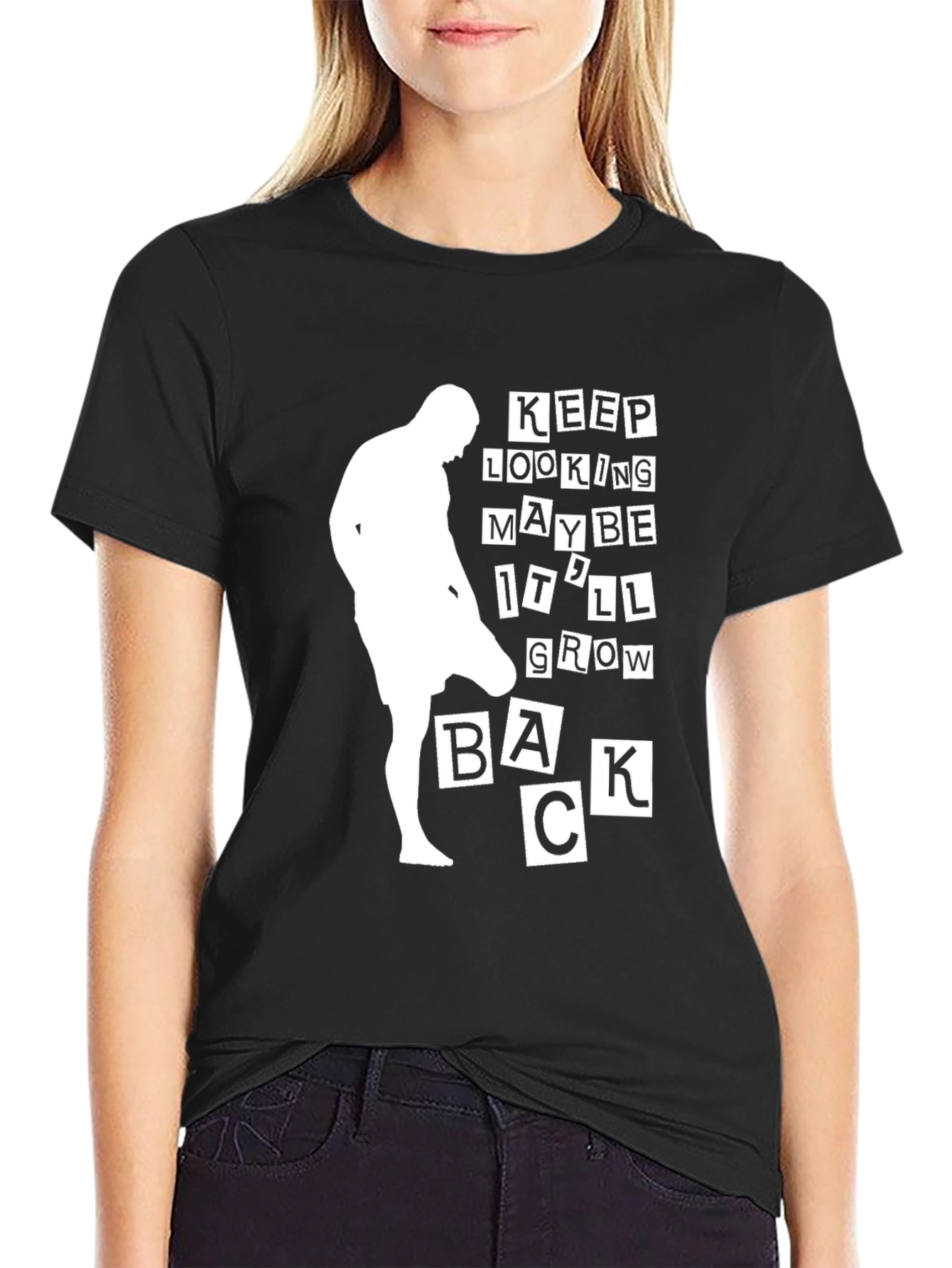 Black Funny Bald Man T-Shirt - Keep Looking, Maybe It'll Grow Back view 2