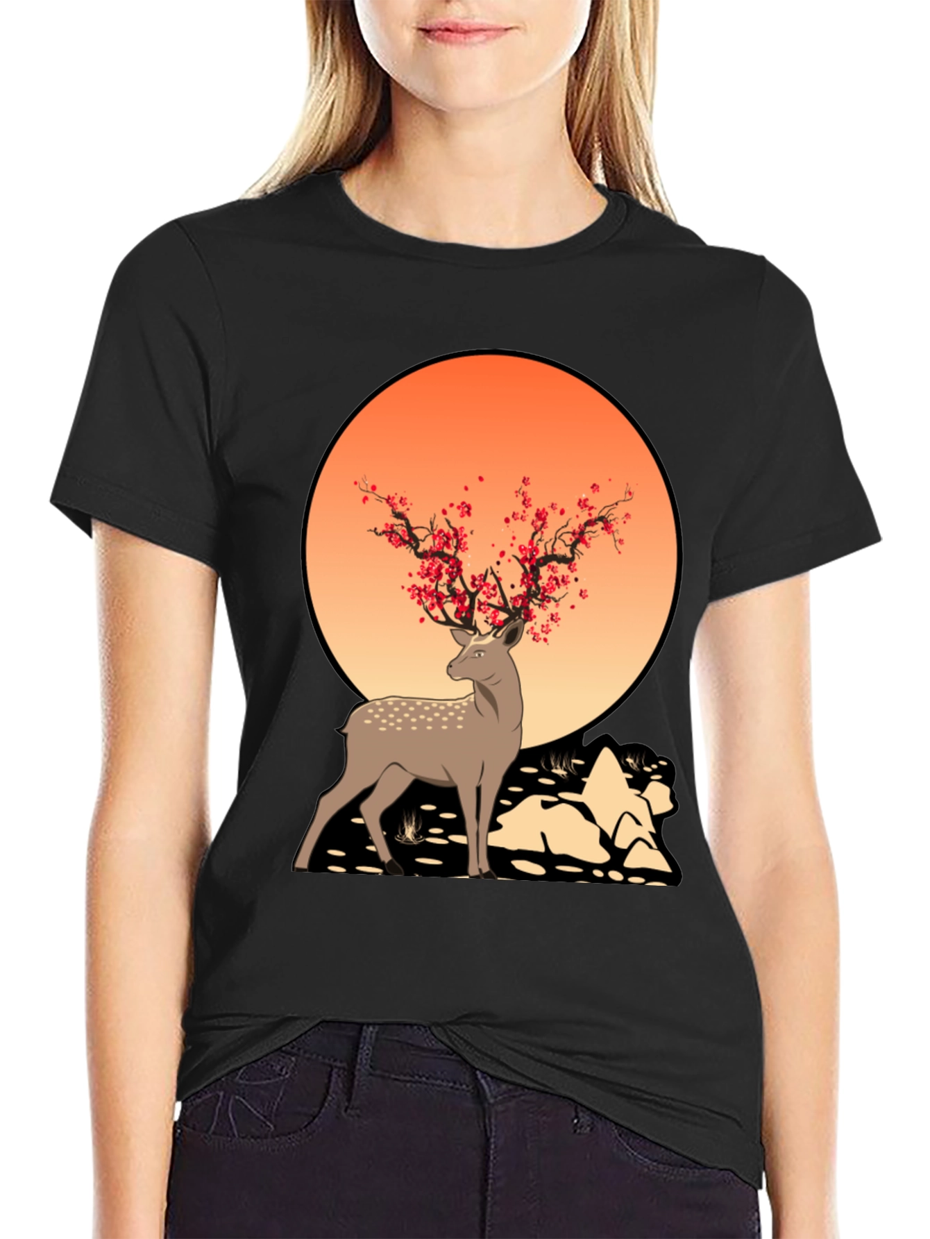 Black Nature-Inspired Deer Graphic Tee view 2