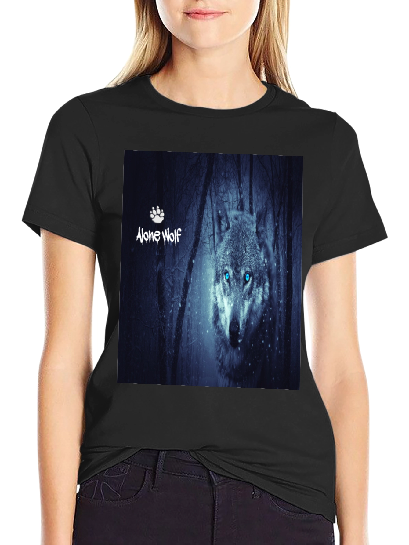 Black Alone Wolf Graphic T-Shirt, Men's Black Tee view 2