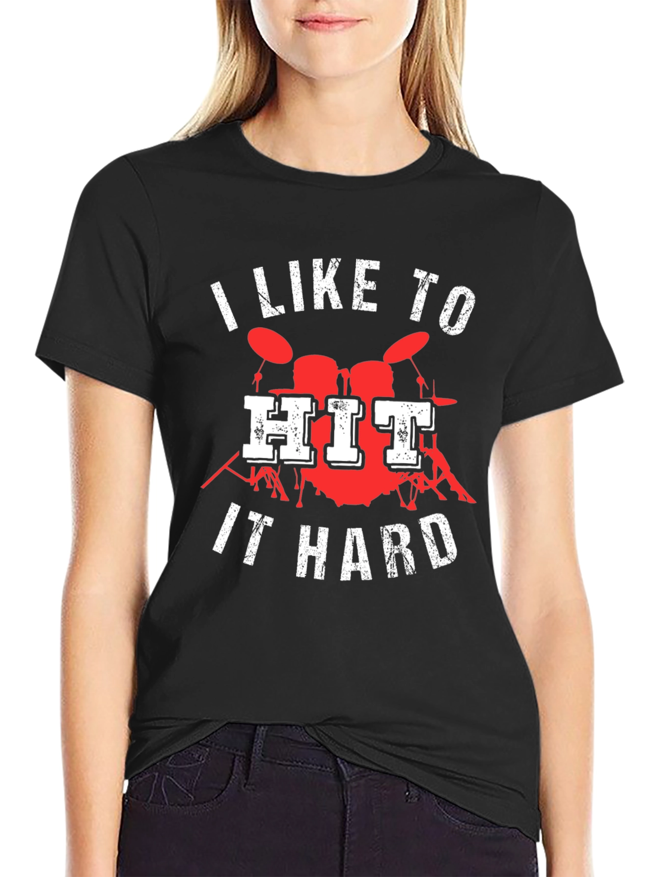 Black I Like to Hit It Hard Drummer T-Shirt view 2