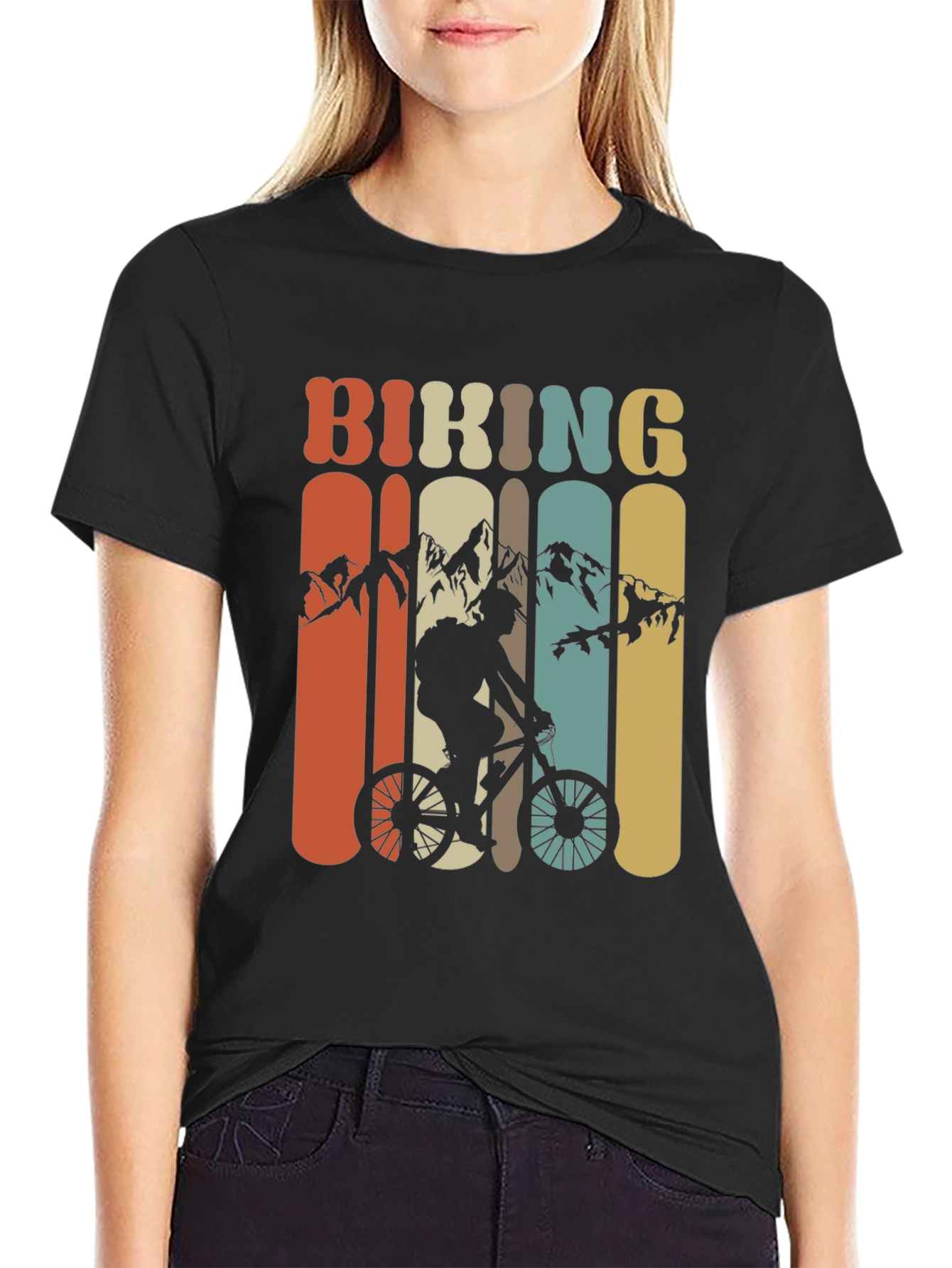 Black Retro Biking T-Shirt - Mountain Bike Adventure Tee view 2