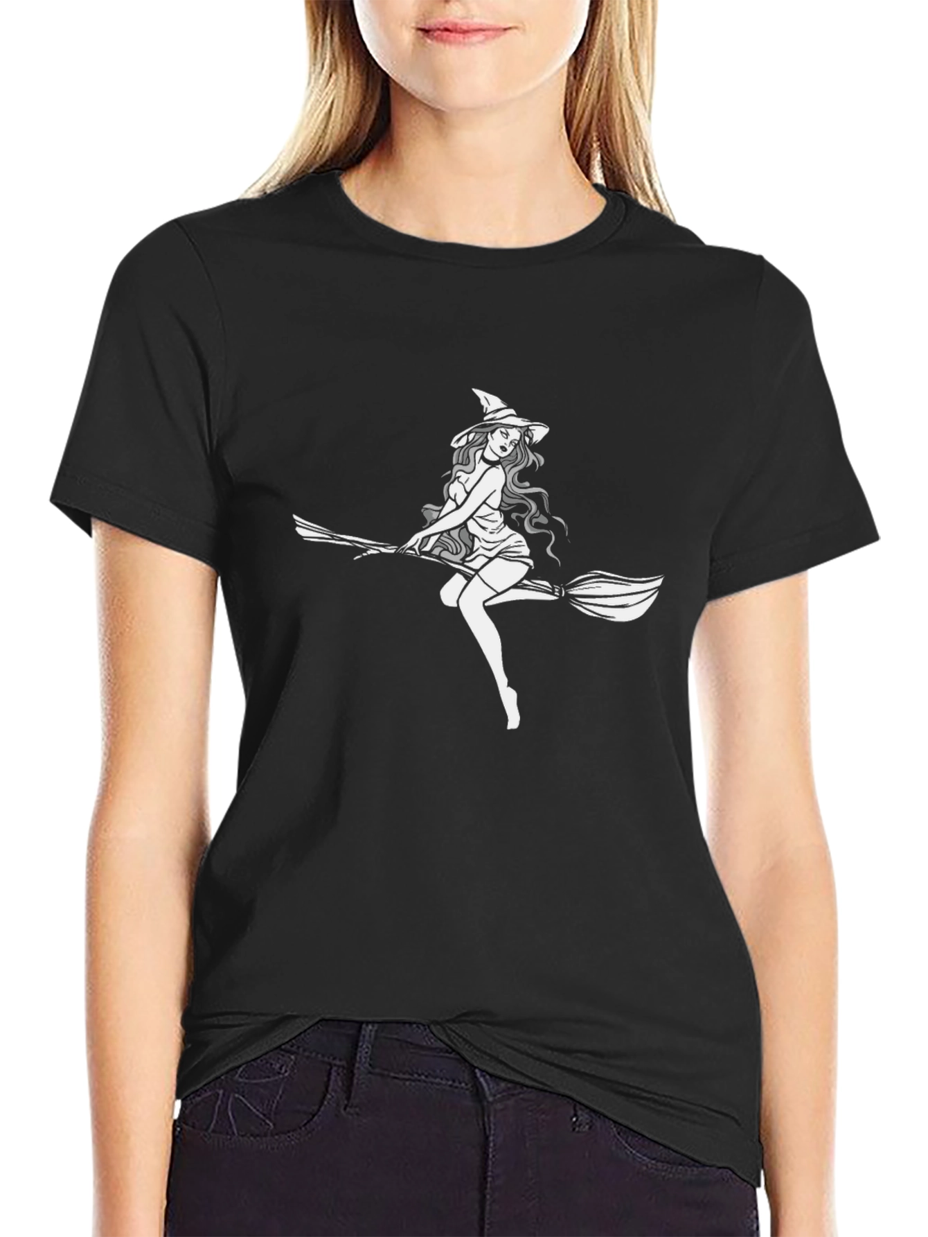 Black Witch on Broomstick Graphic Tee - Black Cotton view 2