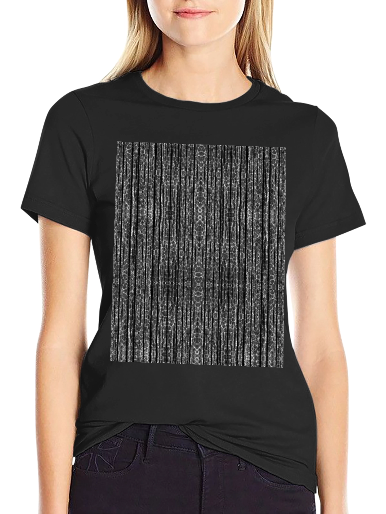 Black Abstract Striped Print Black T-Shirt view 2
