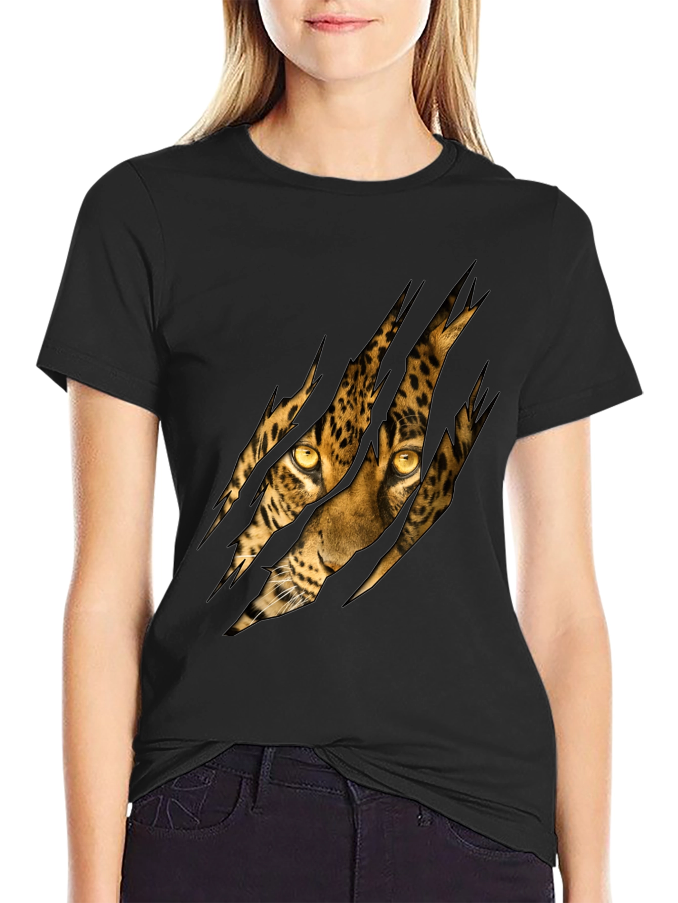 Black Men's Black T-Shirt with Ripped Leopard Design view 2