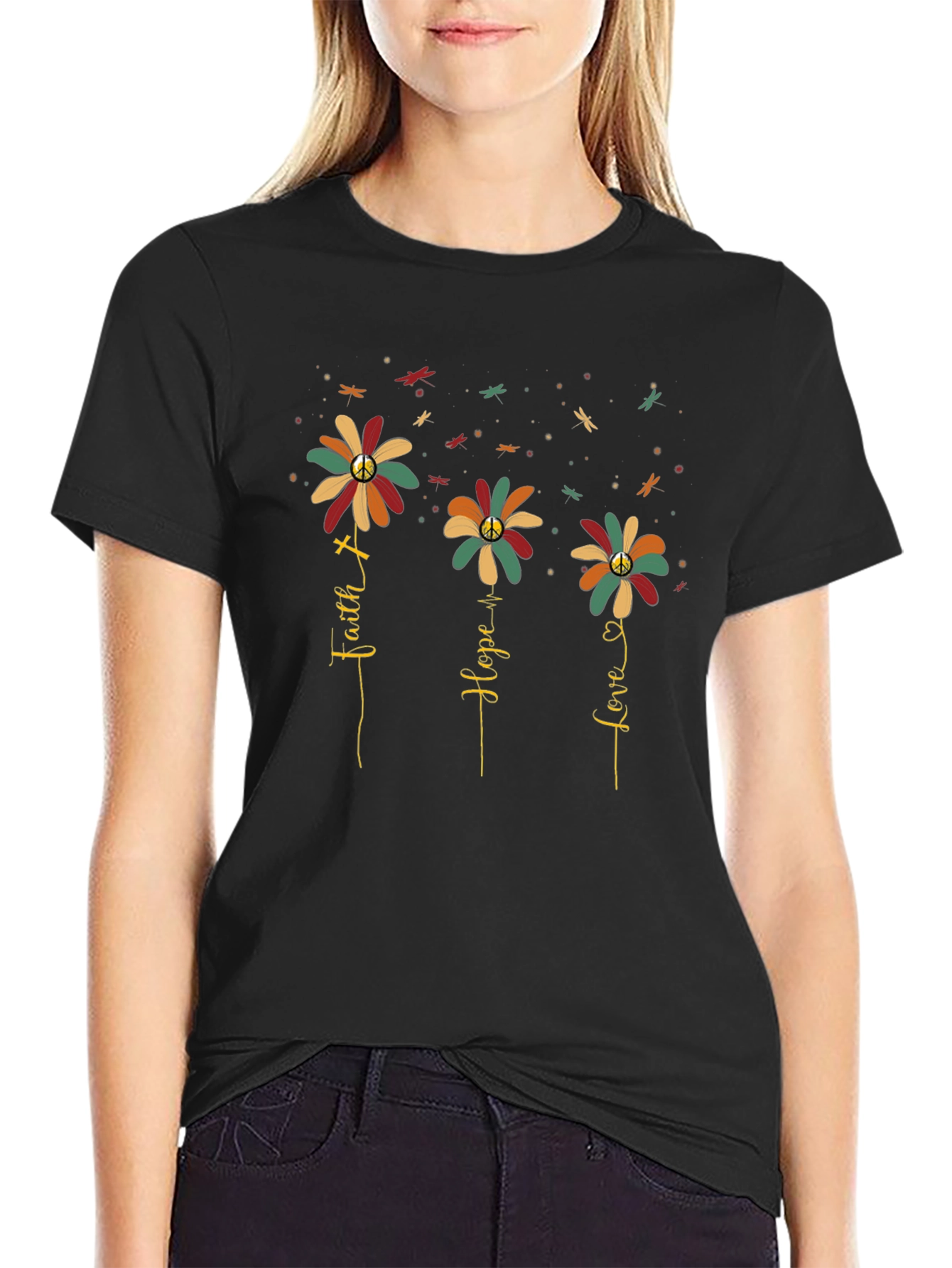 Black Faith Hope Love Flower Graphic Tee - Black view 2