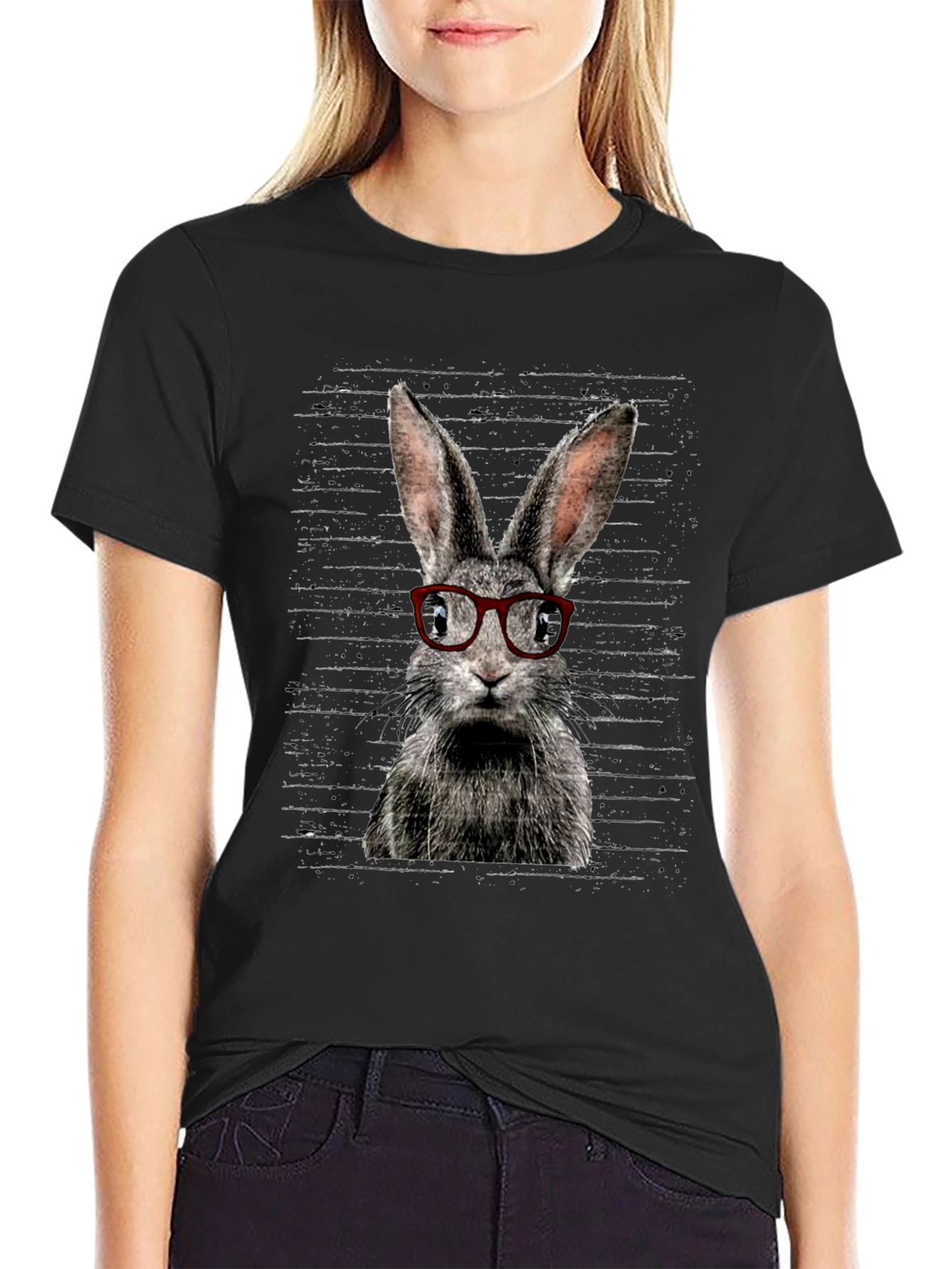 Black Hipster Rabbit Graphic Tee - Unisex Black T-Shirt view 2