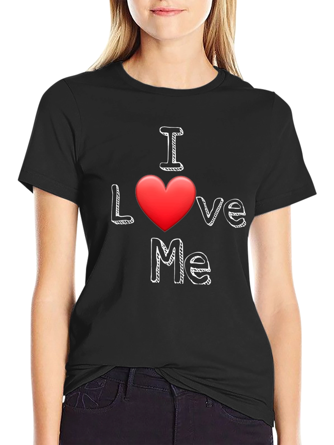 Black I Love Me T-Shirt - Black Cotton Casual Wear view 2