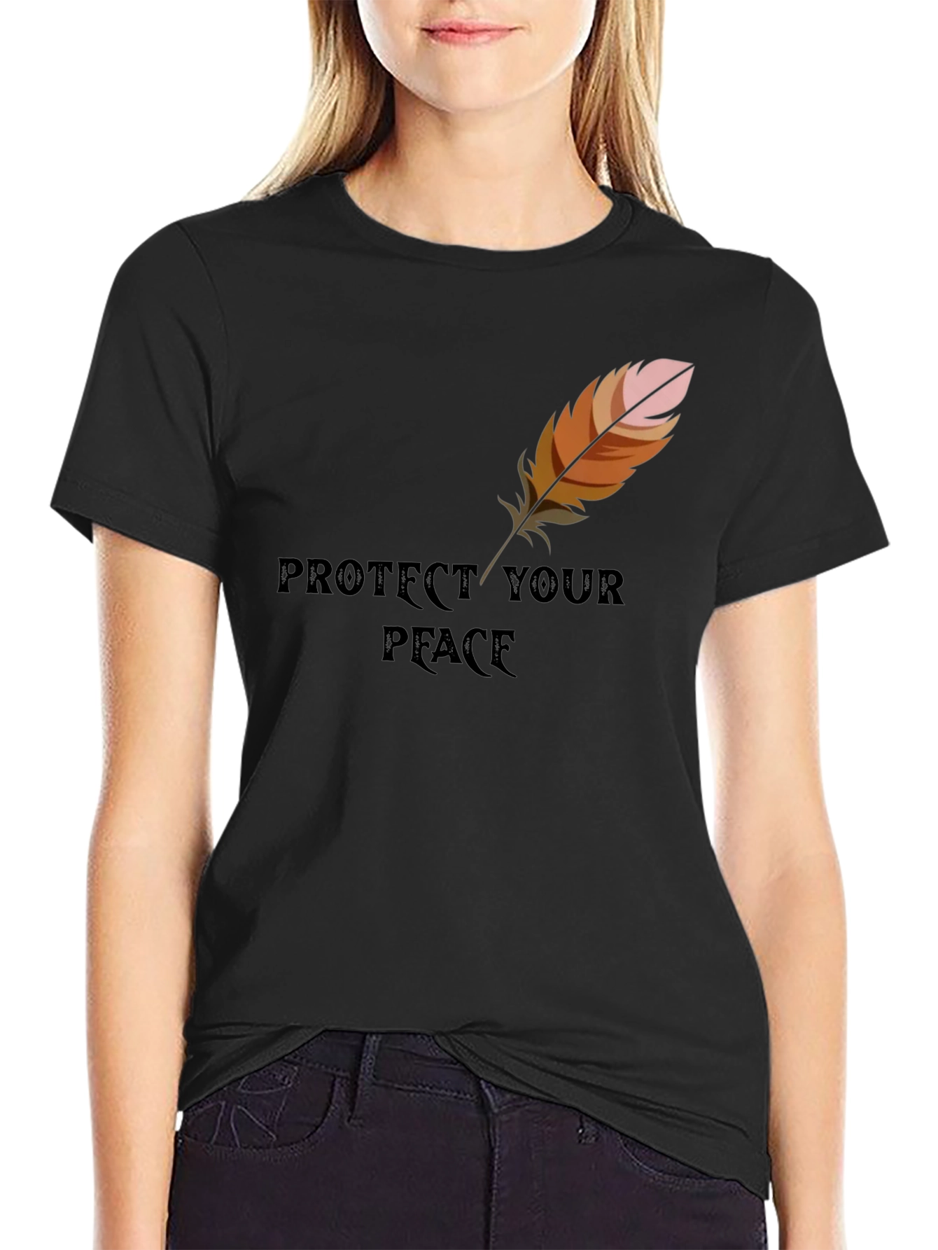 Black Protect Your Peace Feather Graphic Tee - Casual Comfort view 2