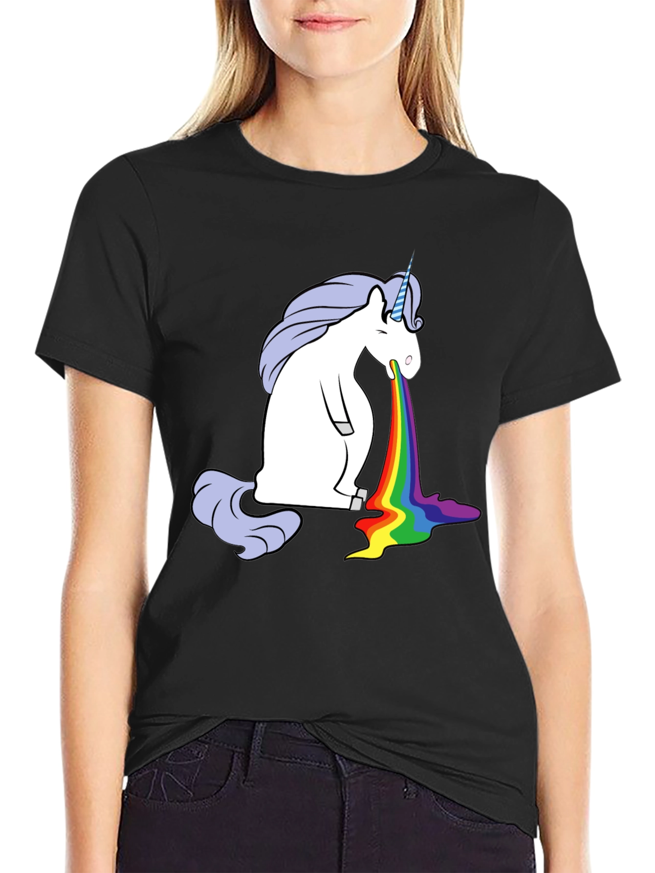 Black Rainbow Vomit Unicorn Graphic Tee - Black view 2