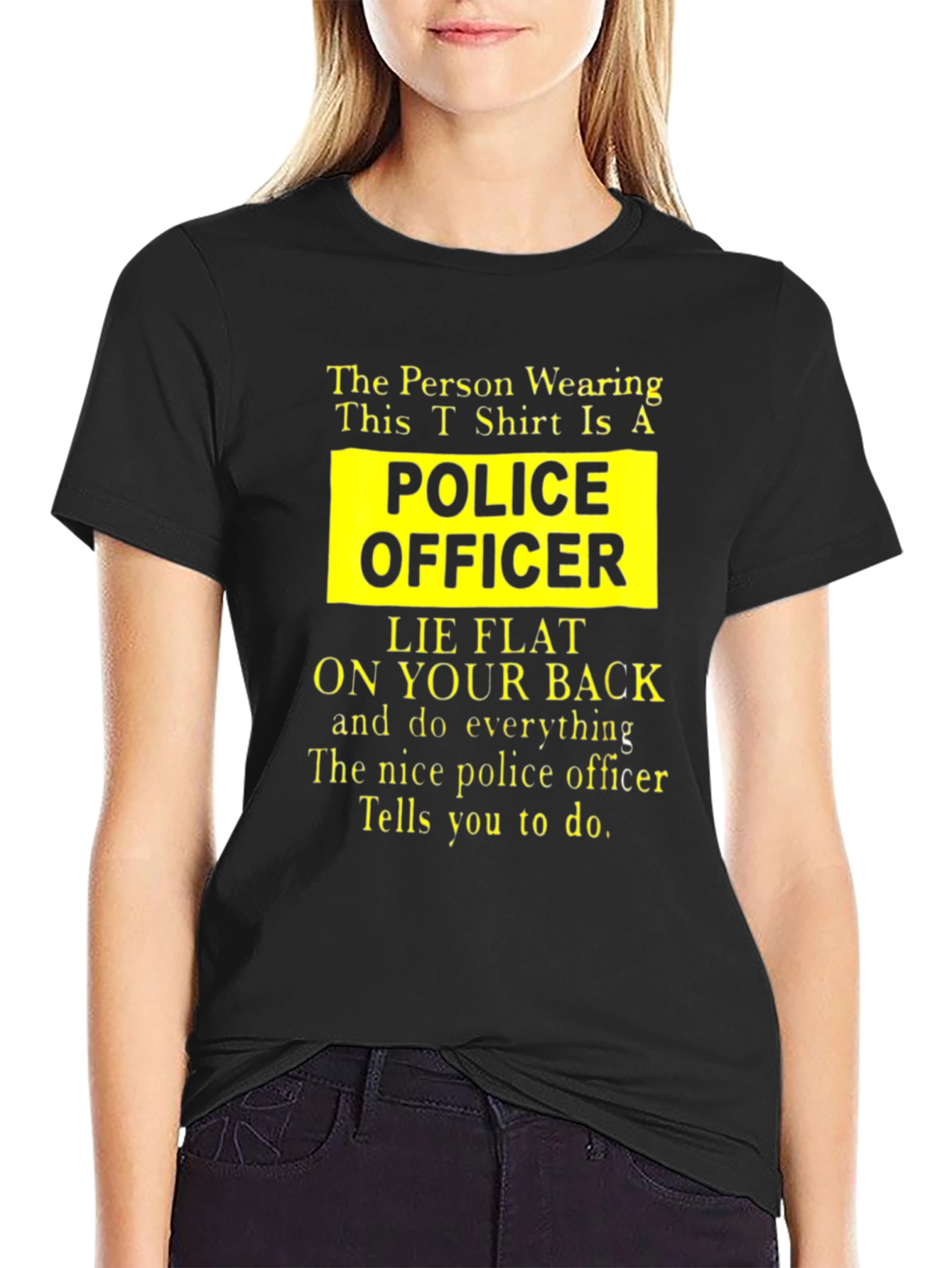 Black Funny Police Officer T-Shirt - Lie Flat On Your Back view 2