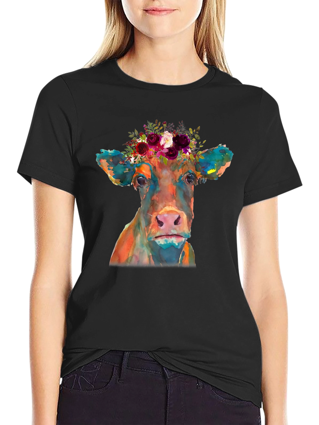 Black Floral Crown Cow Graphic Tee - Black Casual T-Shirt view 2