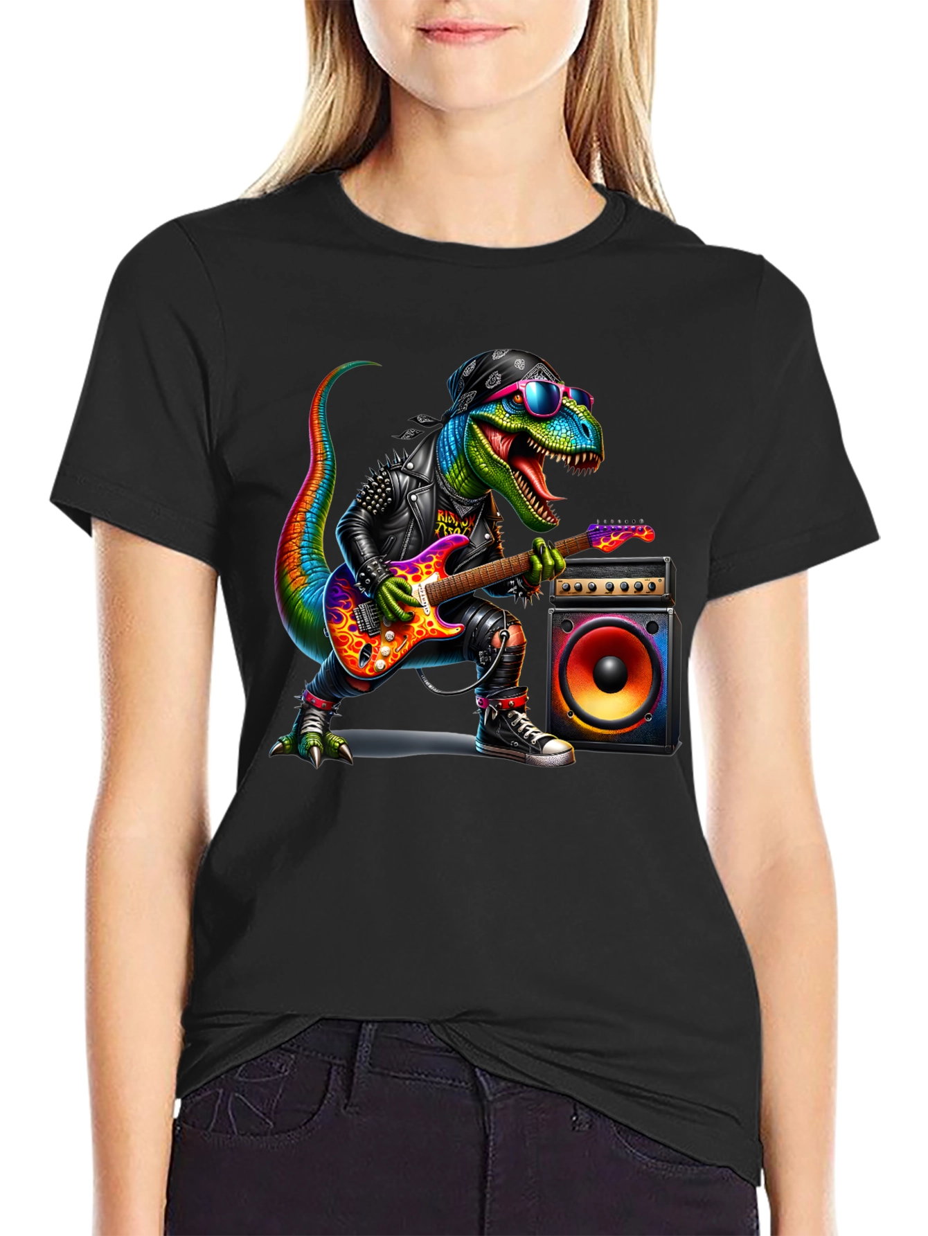 Black Rockin' Rex T-Shirt - Dinosaur Guitarist view 2
