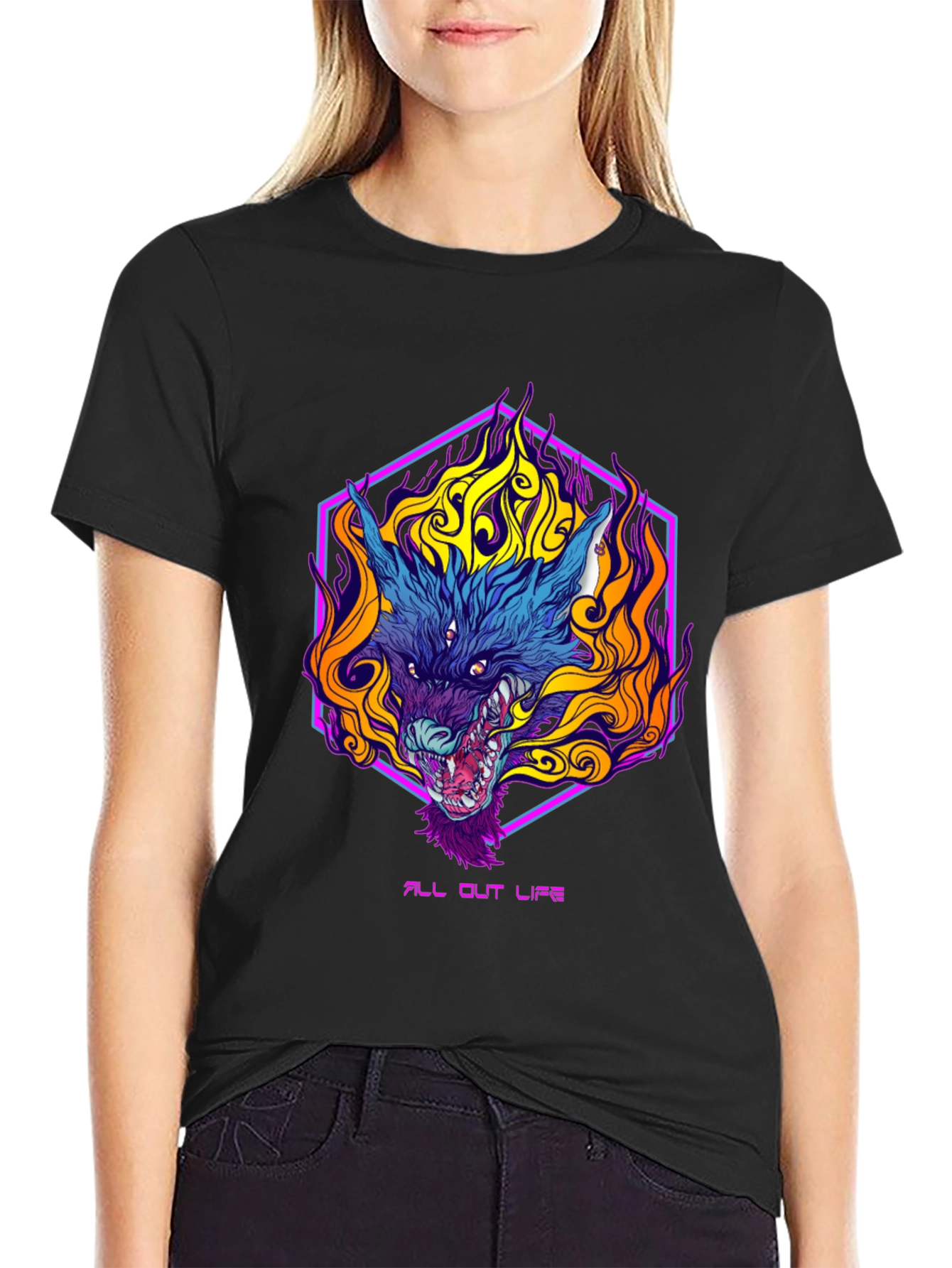 Black Fiery Wolf Graphic Tee - All Out Life view 2