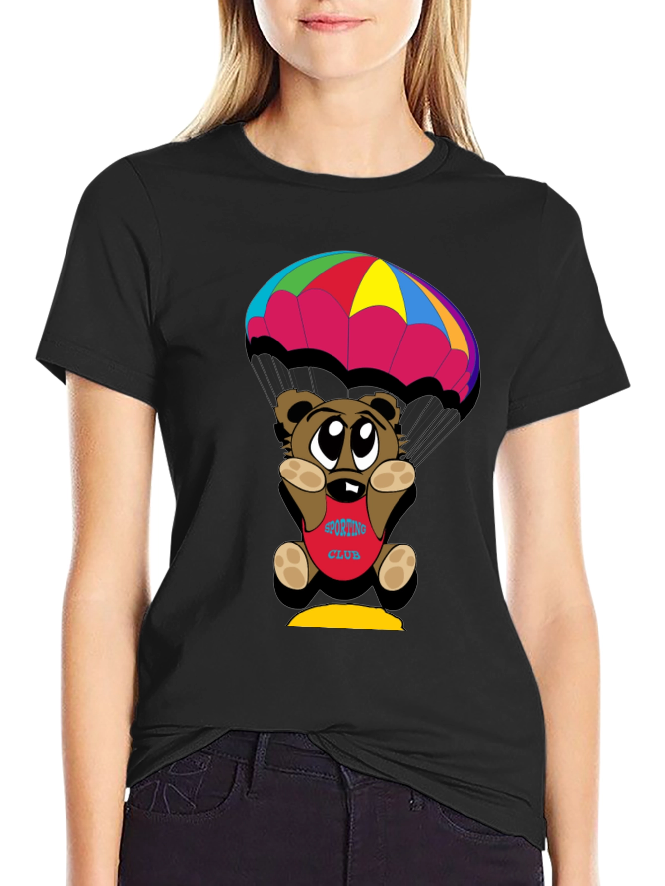 Black Cartoon Bear Parachute Black T-Shirt view 2