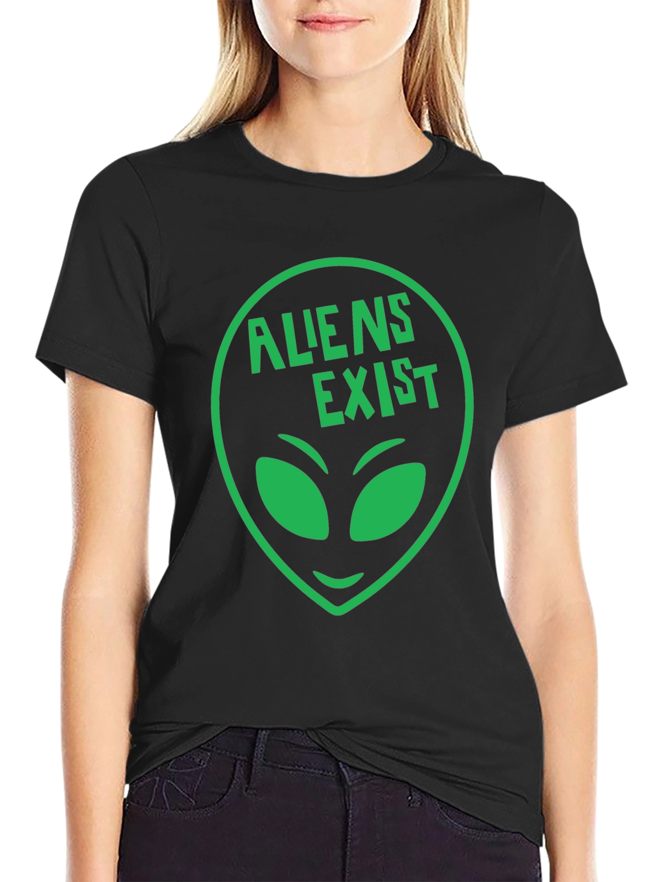 Black Aliens Exist T-Shirt - Green Alien Head Graphic view 2