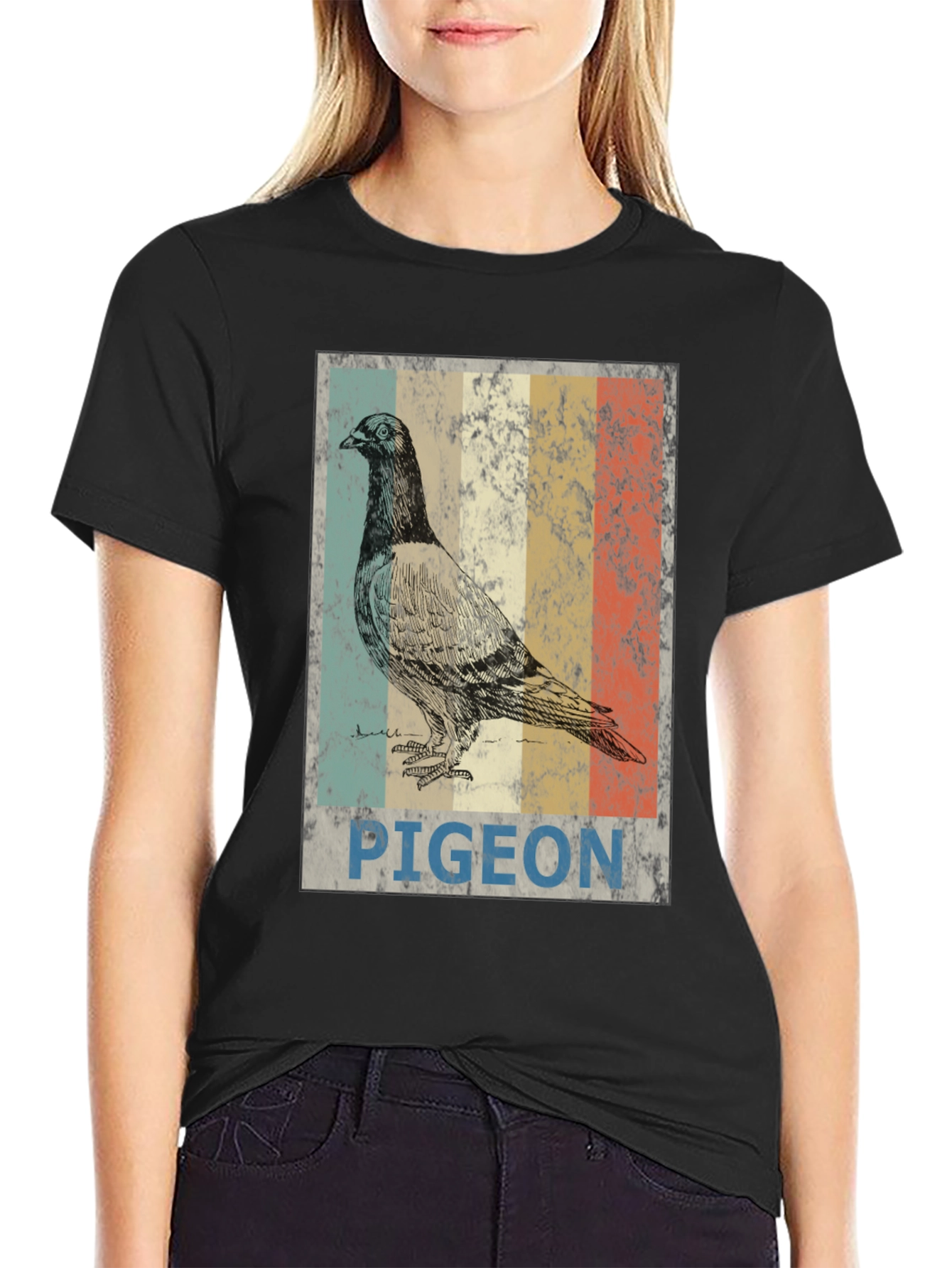 Black Vintage Pigeon Graphic T-Shirt - Cool Bird Design view 2