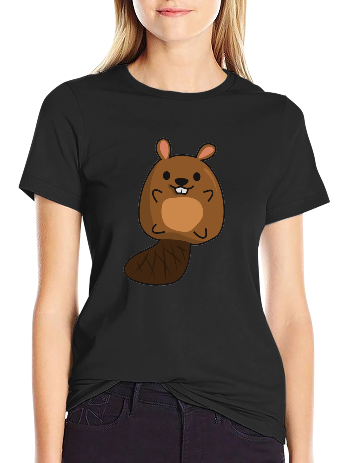 Black Cute Beaver Cartoon Black T-Shirt view 2