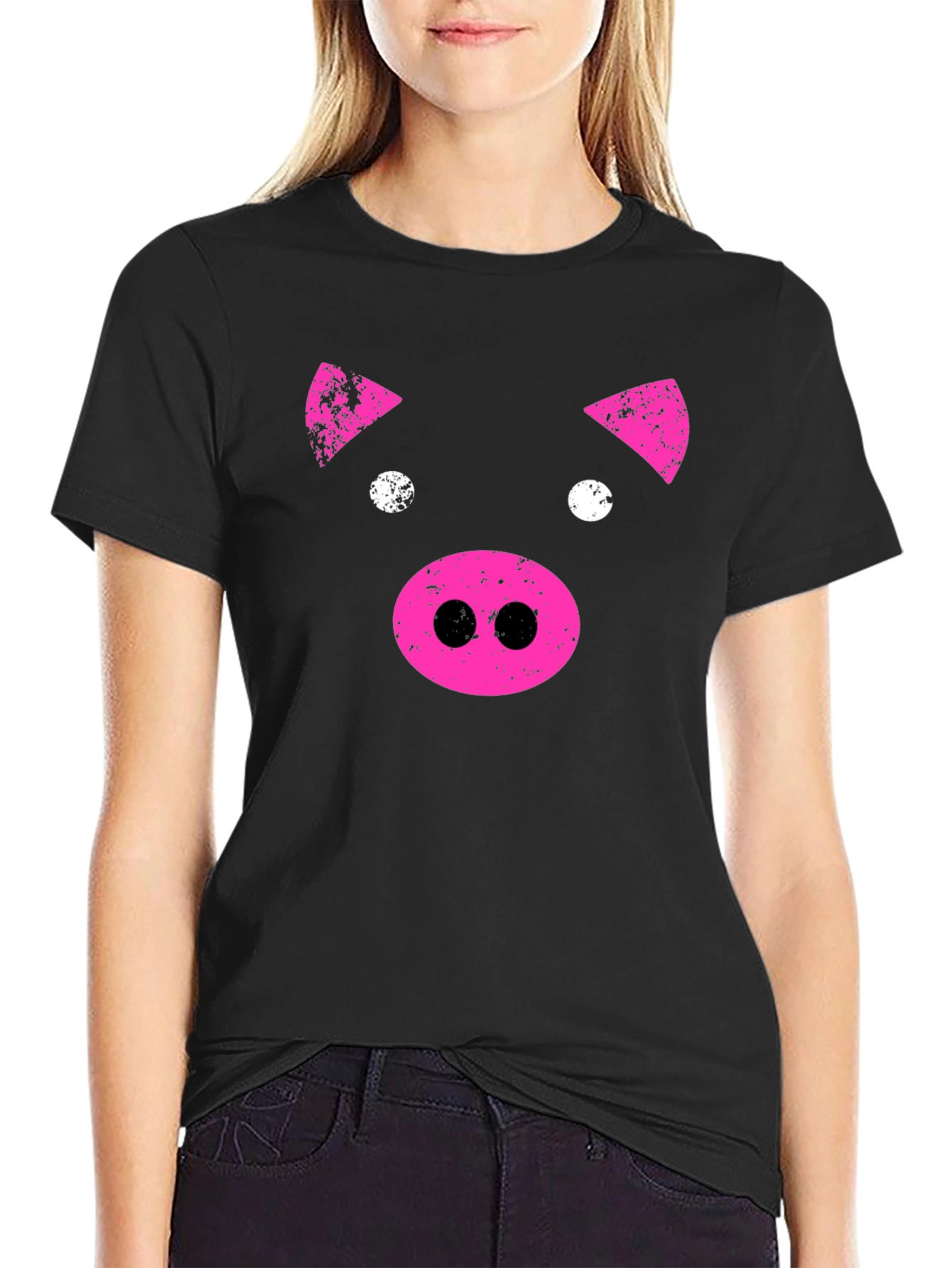 Black Pink Pig Graphic Tee - Black Casual T-Shirt view 2