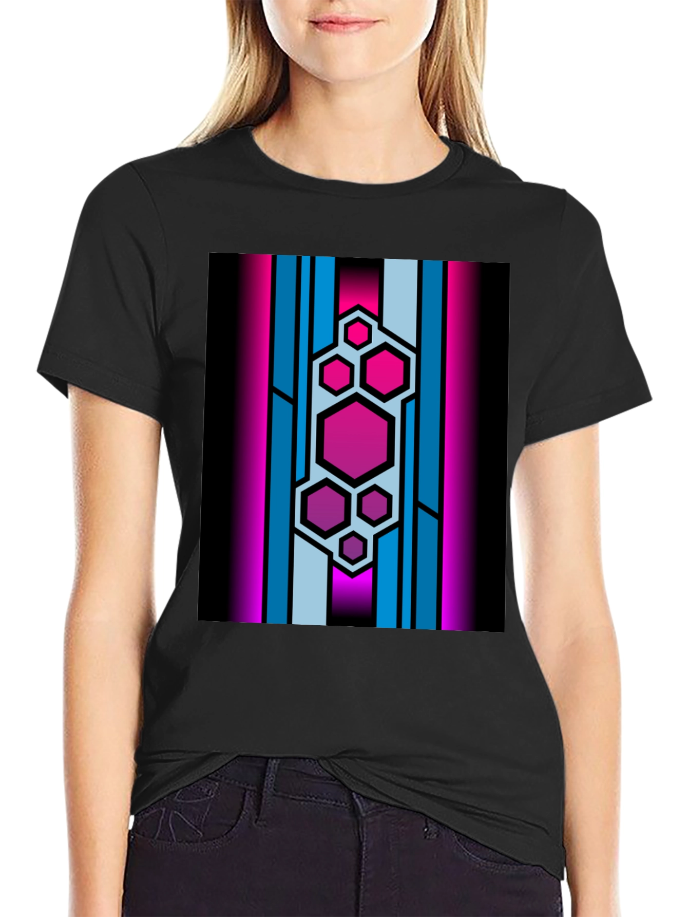 Black Hexagon Stripe Graphic Black T-Shirt view 2