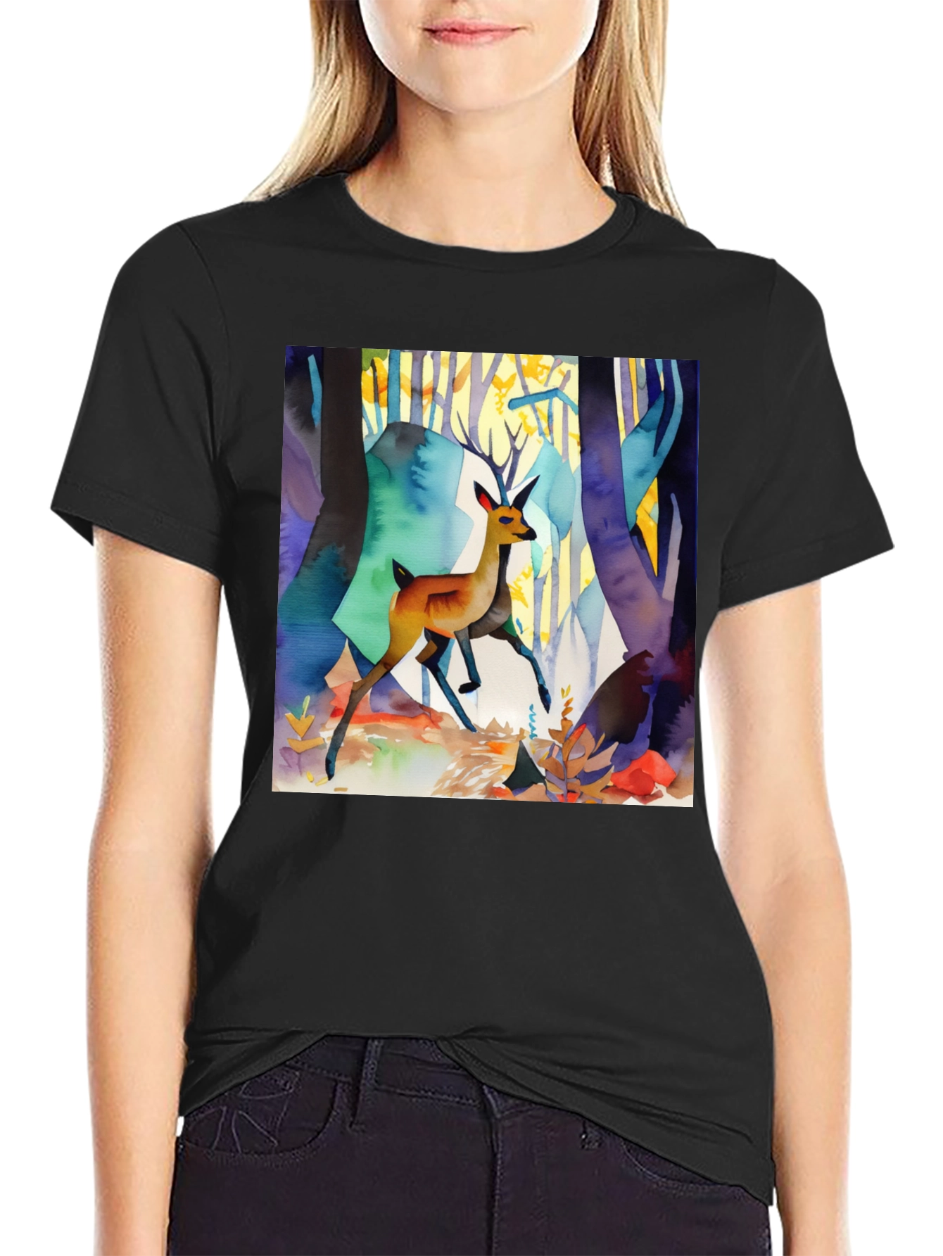 Black Watercolor Deer Forest Print Black T-Shirt view 2