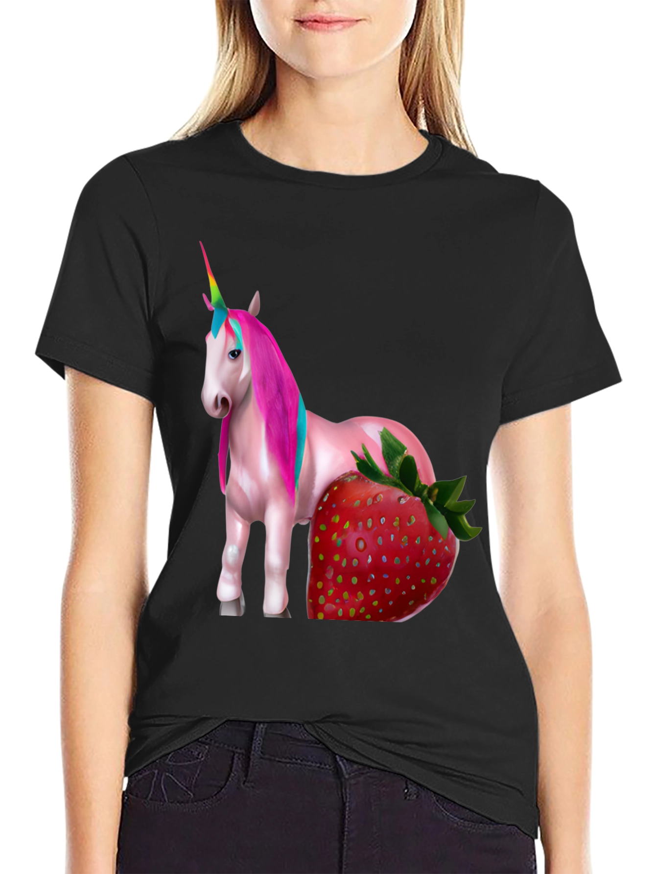 Black Unicorn Strawberry Graphic T-Shirt view 2